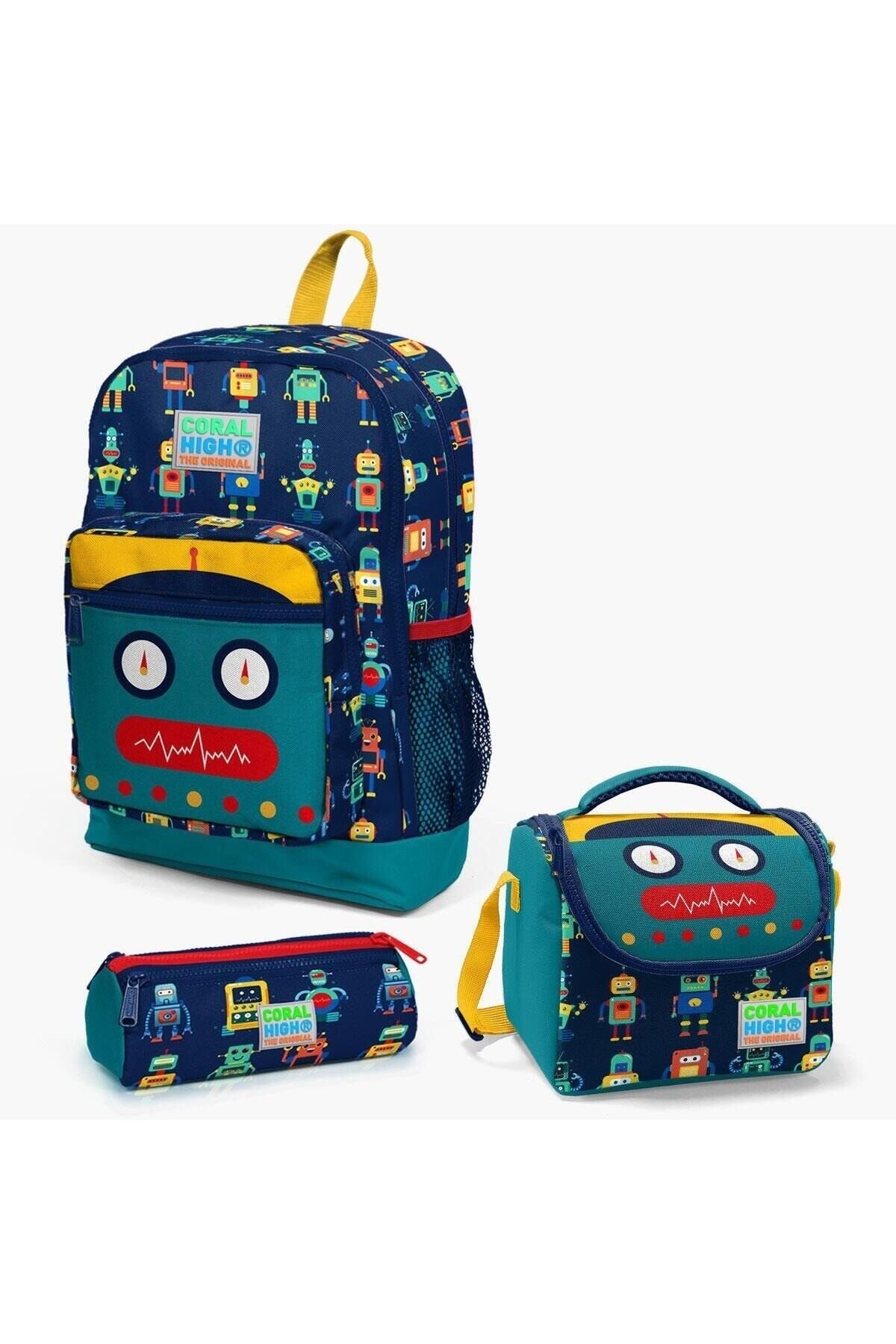 Coral High Kids Lacivert Çivit Robot Desenli 3’lü Okul Çanta Seti SET 23472-MİX3