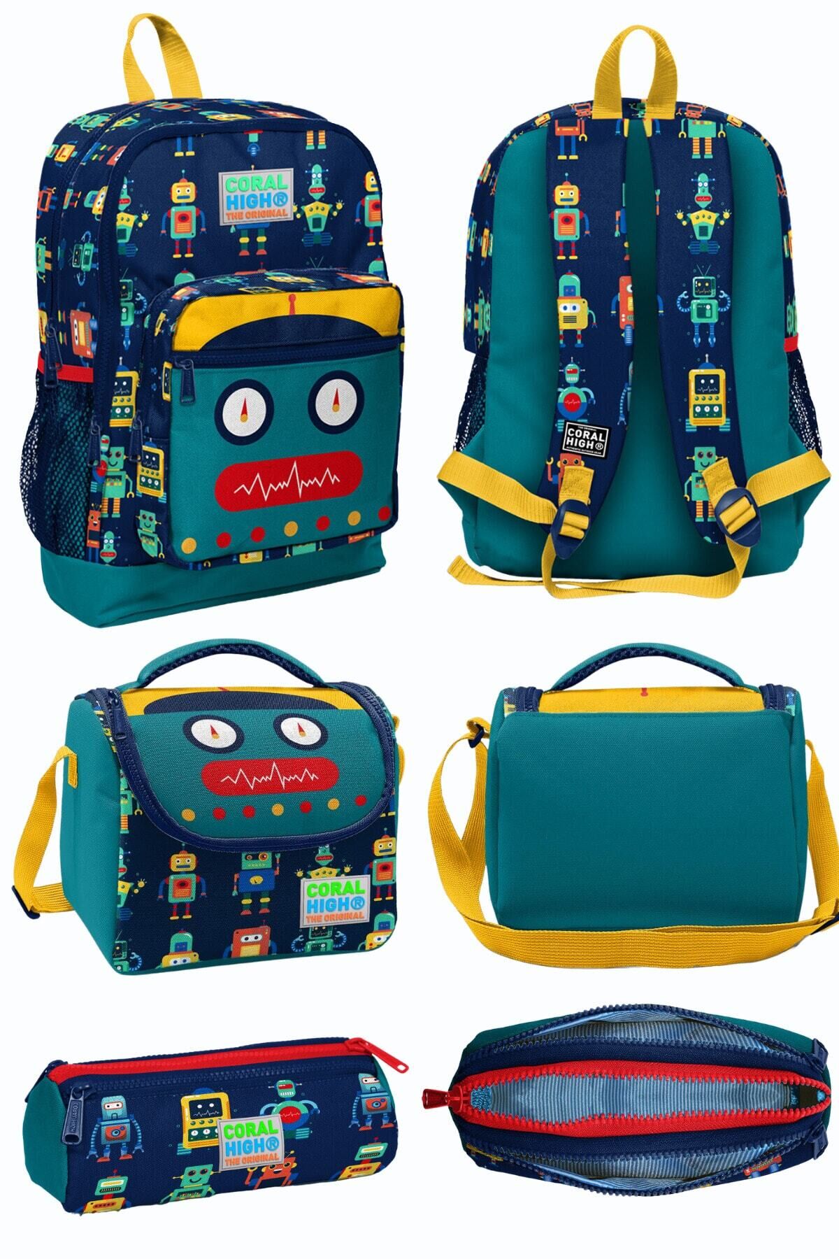 Lacivert Çivit Robot Desenli Dört Bölmeli Okul Sırt Çantası Beslenme Çantası Kalem Çantası