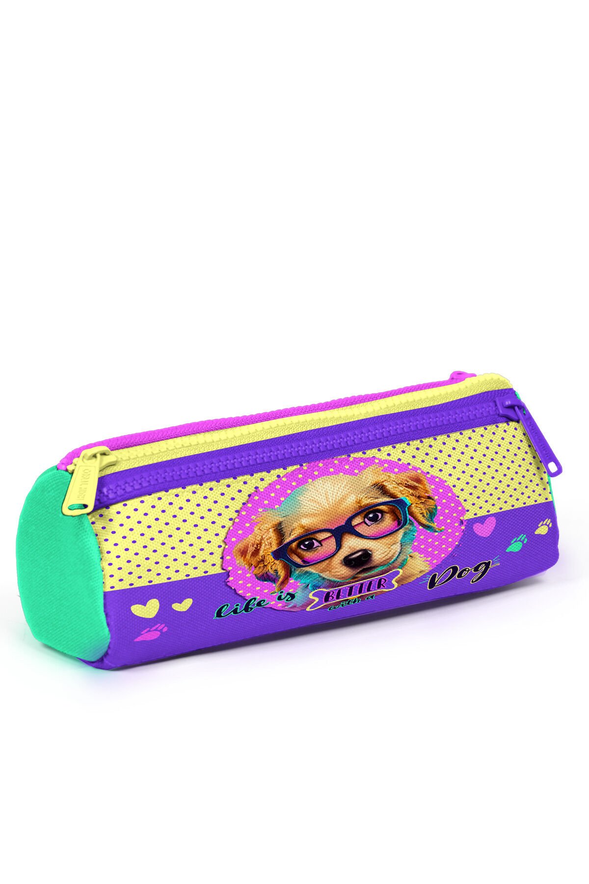 Sarı Pembe Sevimli Köpek Desenli Üç Bölmeli Kalem Çantası 22052