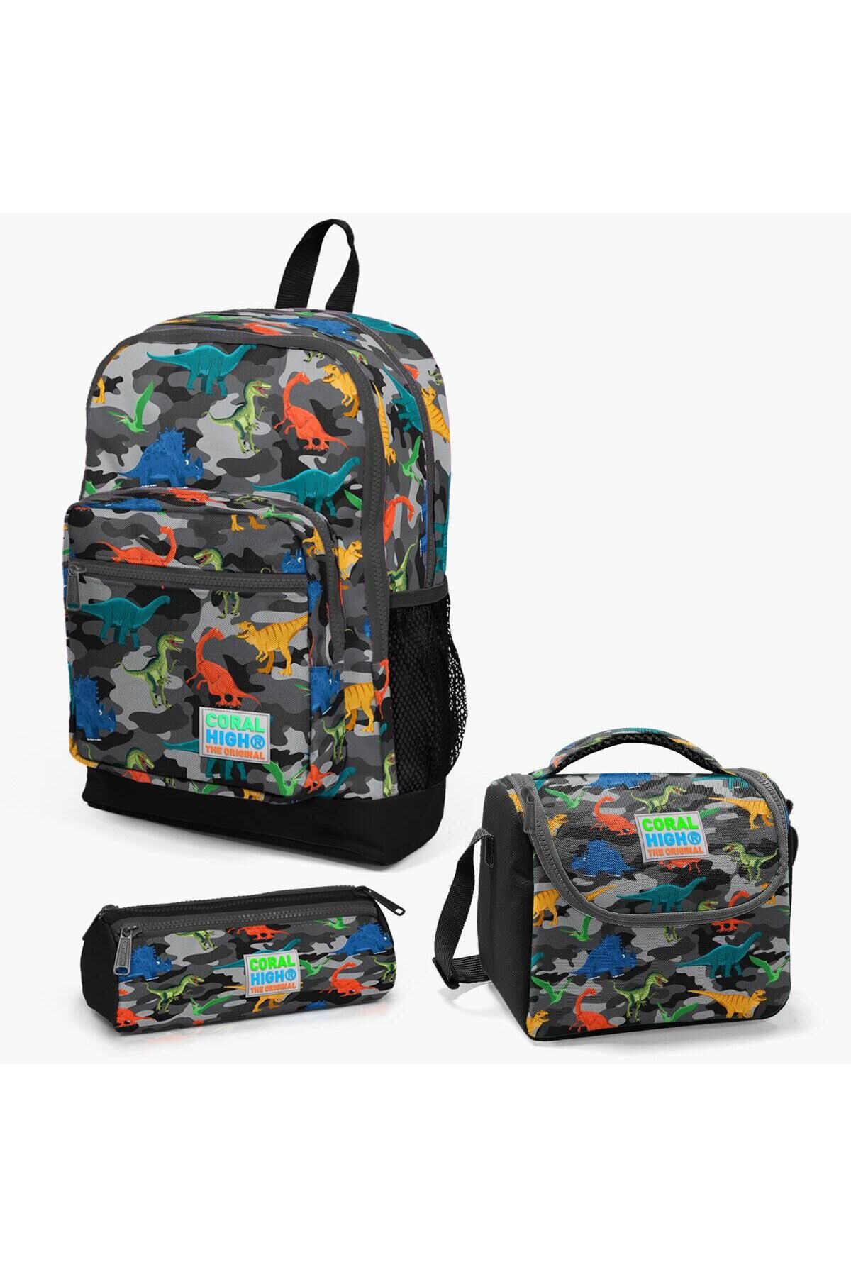Kids Koyu Gri Siyah Kamuflaj Dinazor Desenli 3’lü Okul Çanta Seti