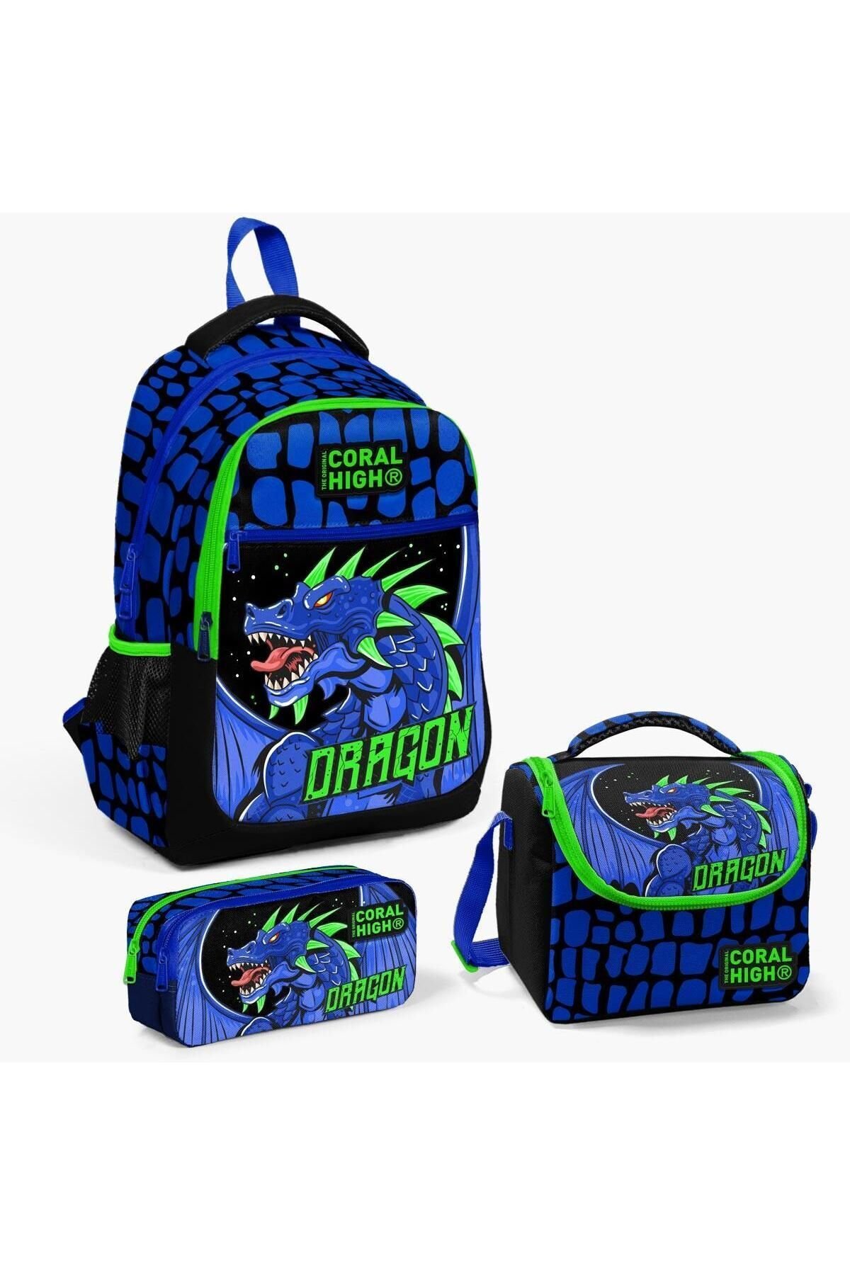 Coral High Kids Siyah Saks Ejderha Desenli 3’lü Okul Çanta Seti