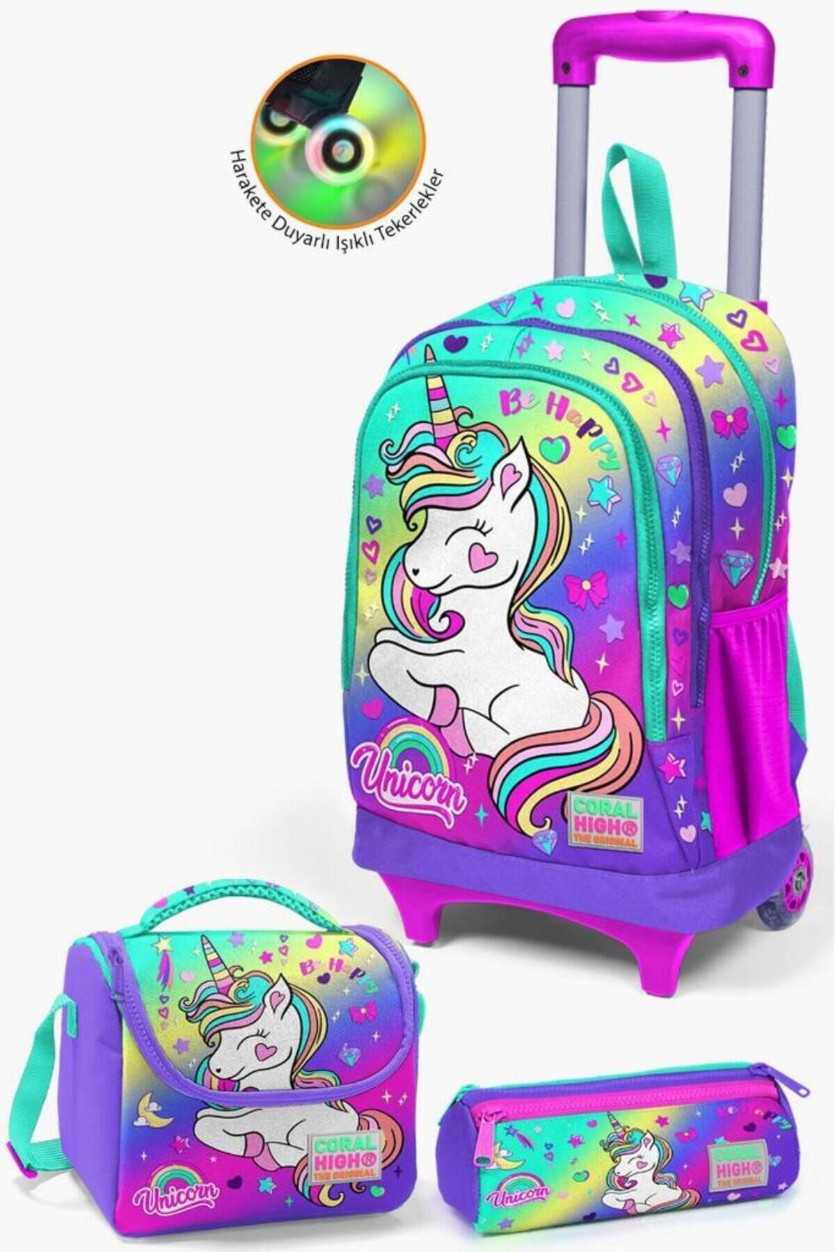 Kids Lavanta Su Yeşili Unicorn Desenli Çekçekli 3’lü Okul Çanta Seti SET0123929