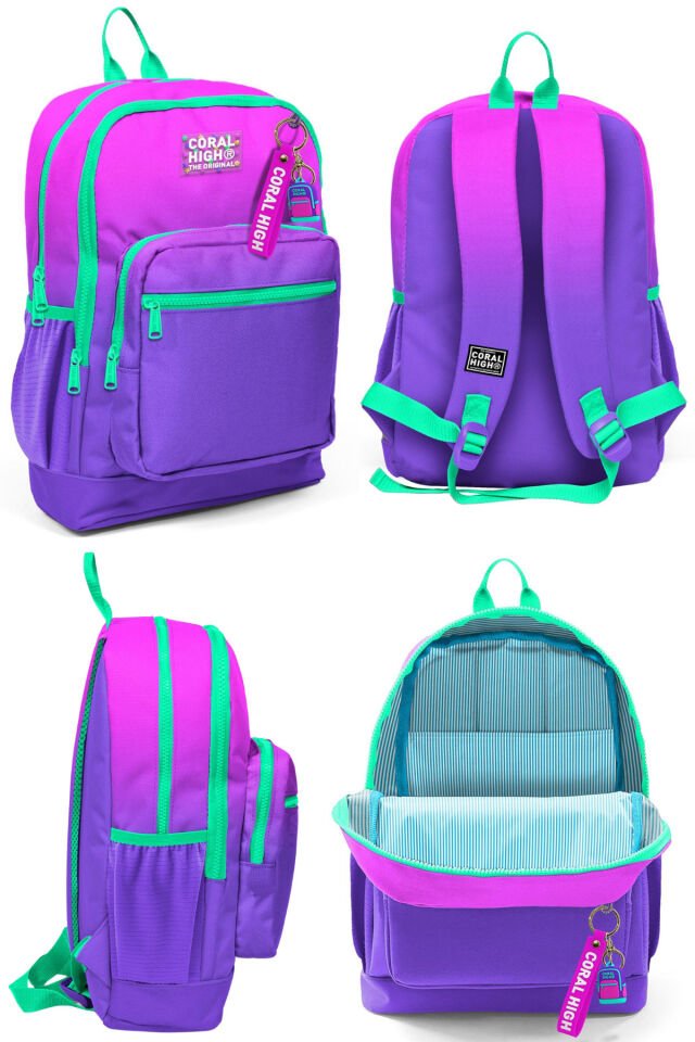 Kids Pembe Mor Renk Geçişli Dört Bölmeli Okul Sırt Çantası Beslenme Çantası Kalem Çantası 23762Set