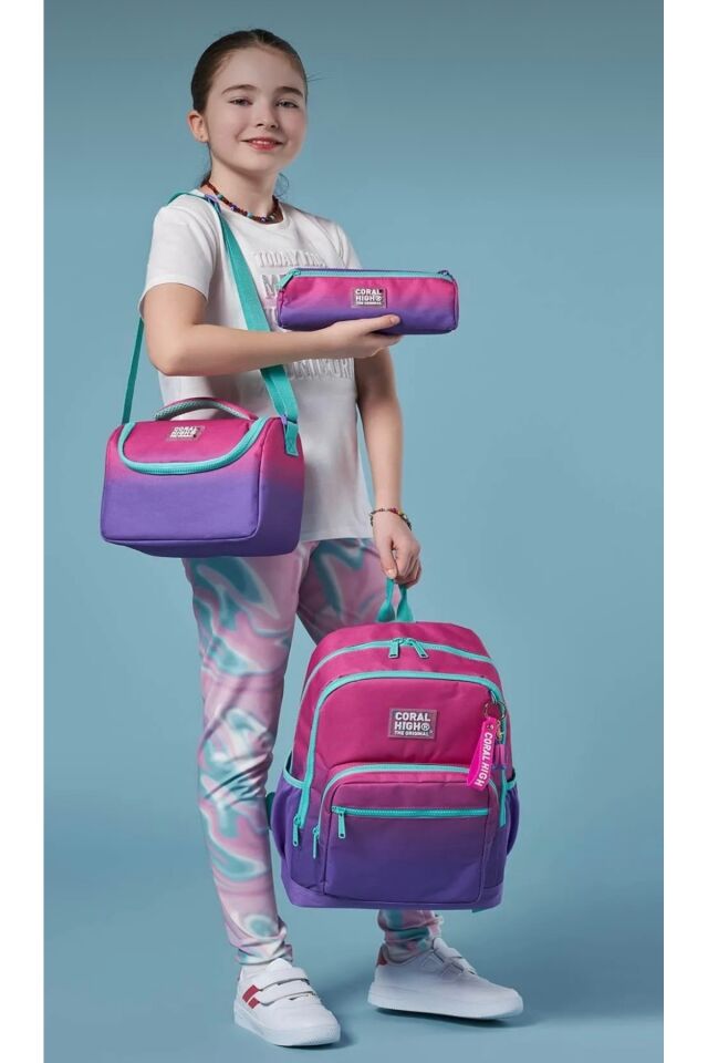 Kids Pembe Mor Renk Geçişli Dört Bölmeli Okul Sırt Çantası Beslenme Çantası Kalem Çantası 23762Set