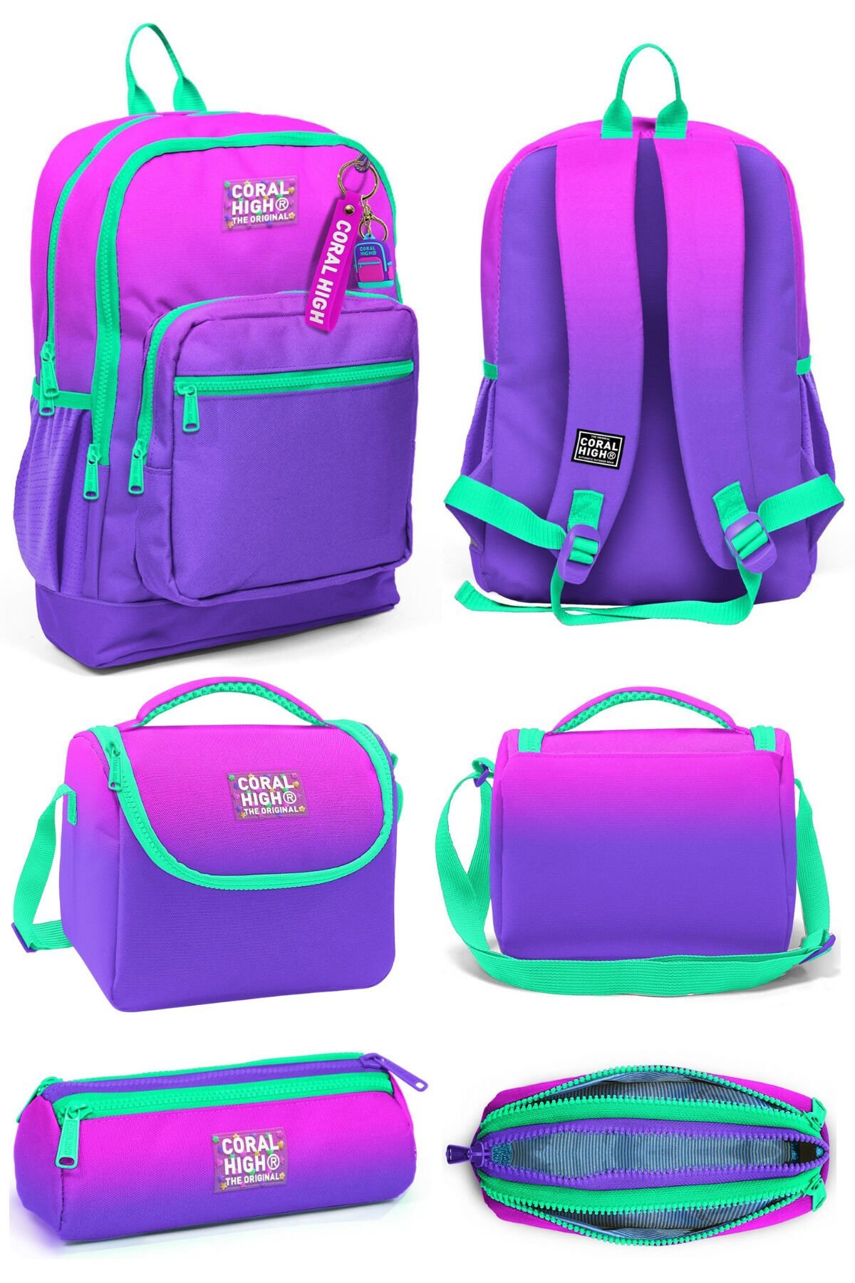 Kids Pembe Mor Renk Geçişli Dört Bölmeli Okul Sırt Çantası Beslenme Çantası Kalem Çantası 23762Set