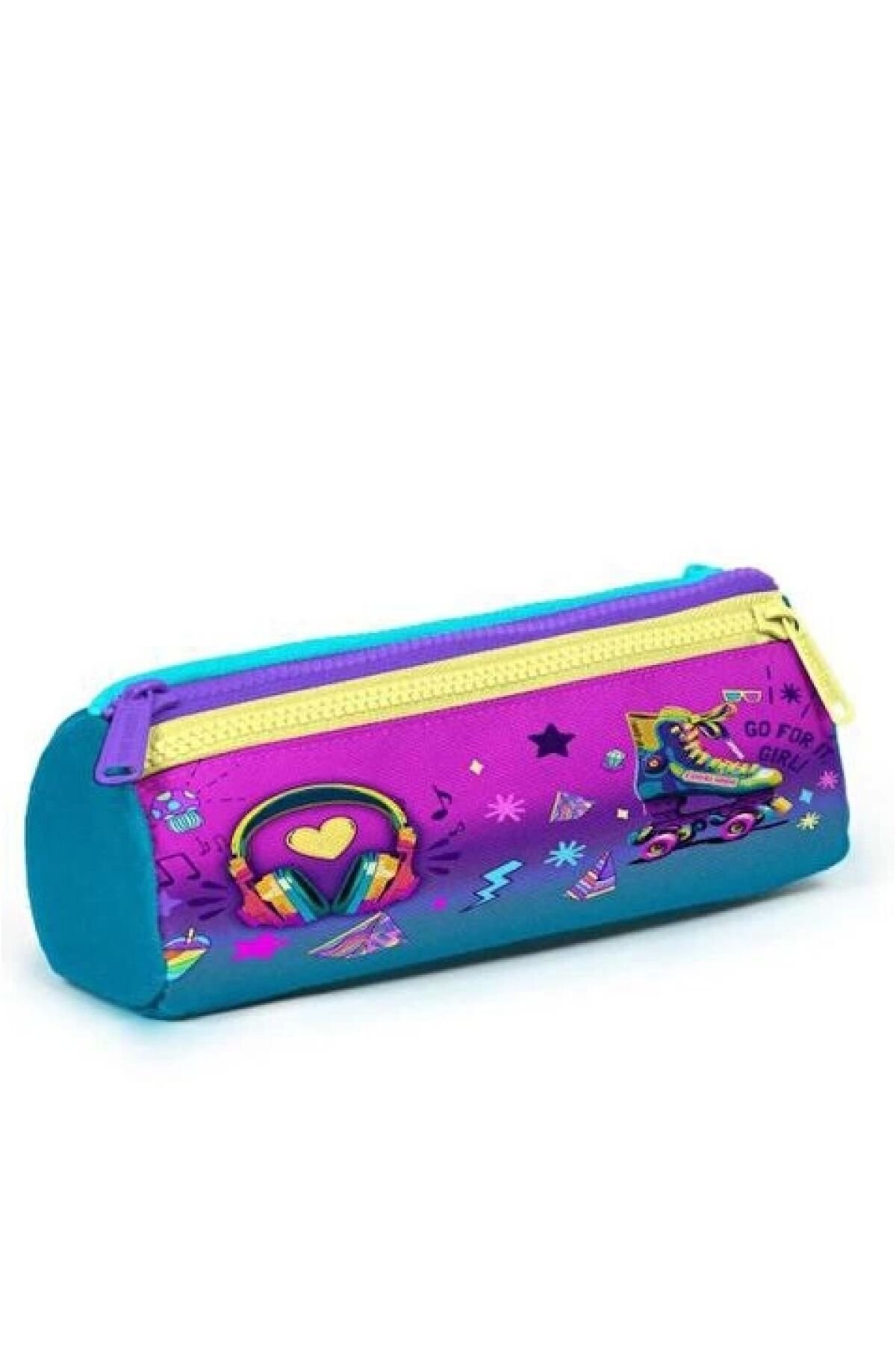 Kids Pembe Turkuaz Kulaklık Paten Desenli Üç Bölmeli Kalem Çantası 22054