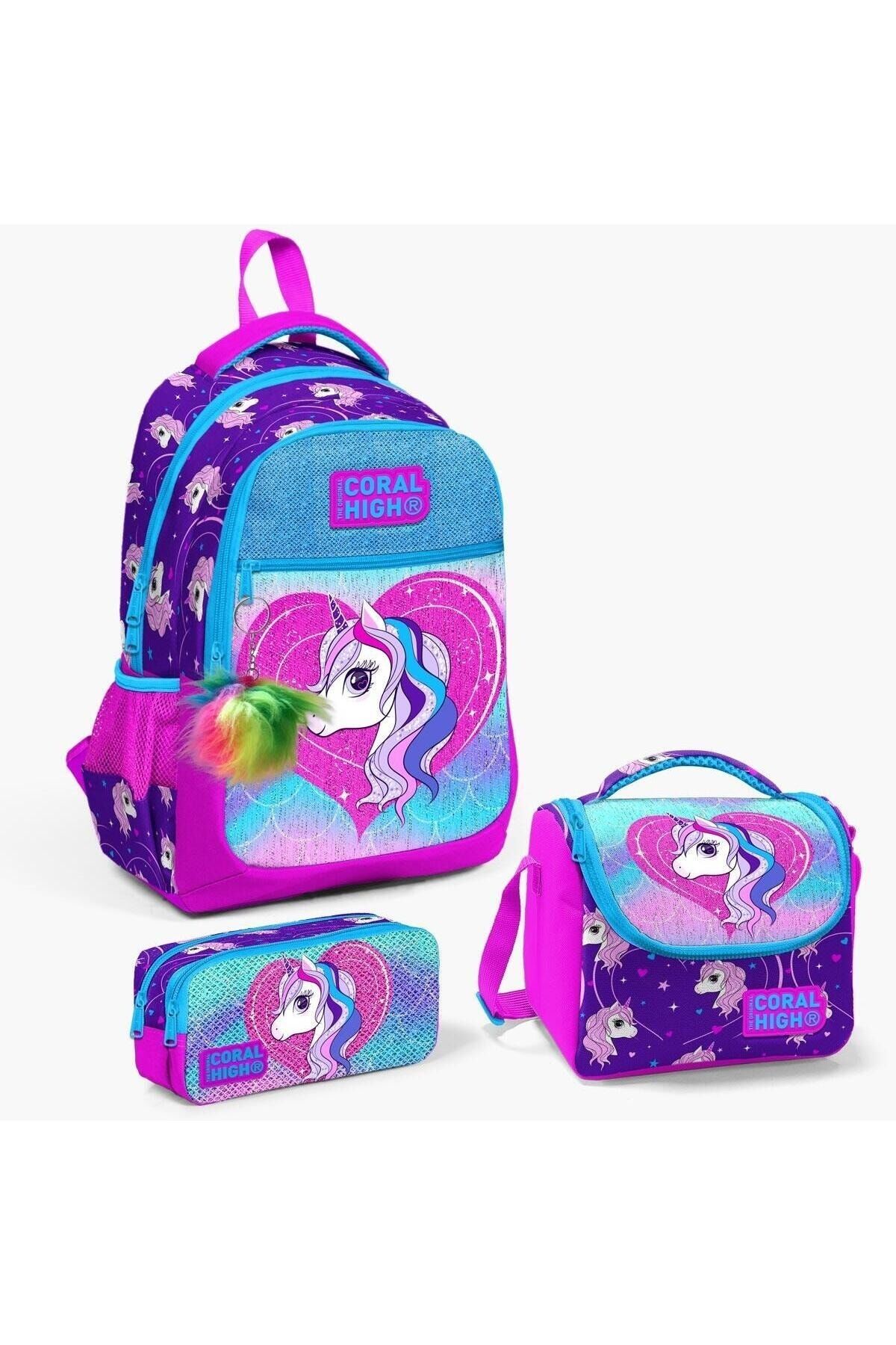 Coral High Kids Mor Pembe Unicorn Desenli 3’lü Okul Çanta Seti SET 23492-MİX3