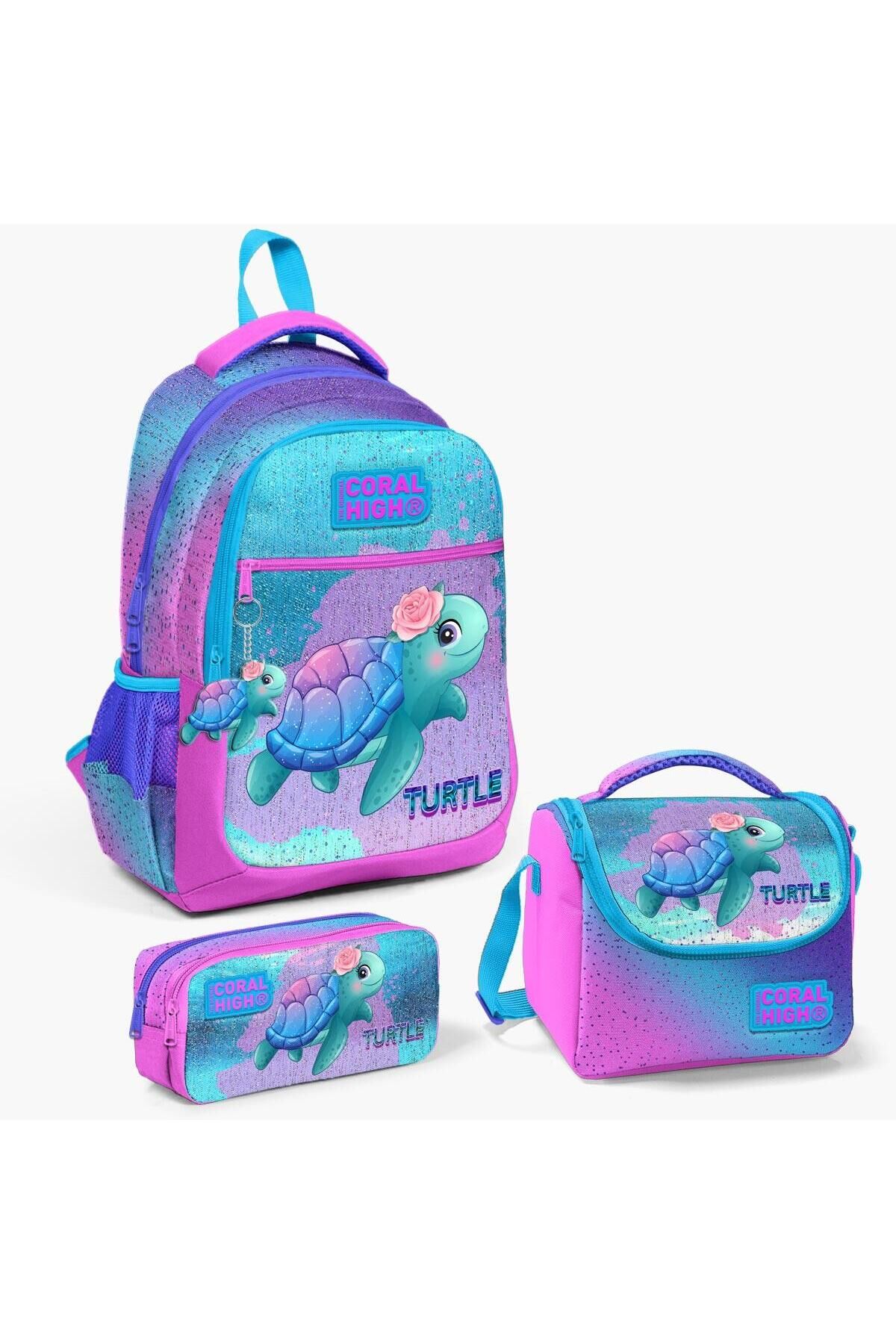 Kids Açık Pembe Mavi Kaplumbağa Desenli İki Bölmeli Kalem Çantası