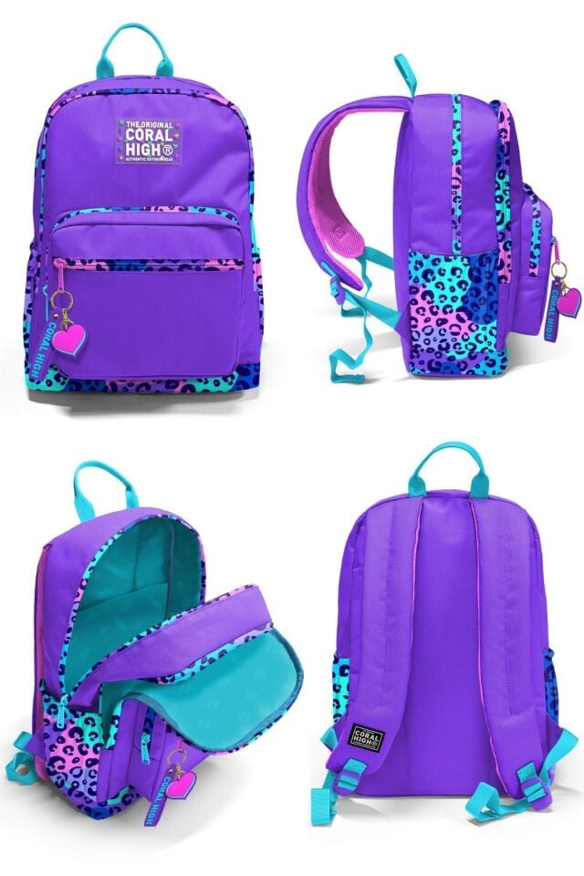 Mor Leopar Desenli Dört Bölmeli Okul Sırt Çantası Beslenme Çantası Kalem Çantası 23632Set