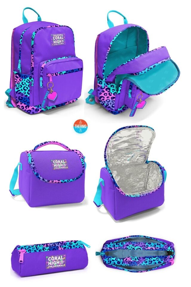 Mor Leopar Desenli Dört Bölmeli Okul Sırt Çantası Beslenme Çantası Kalem Çantası 23632Set