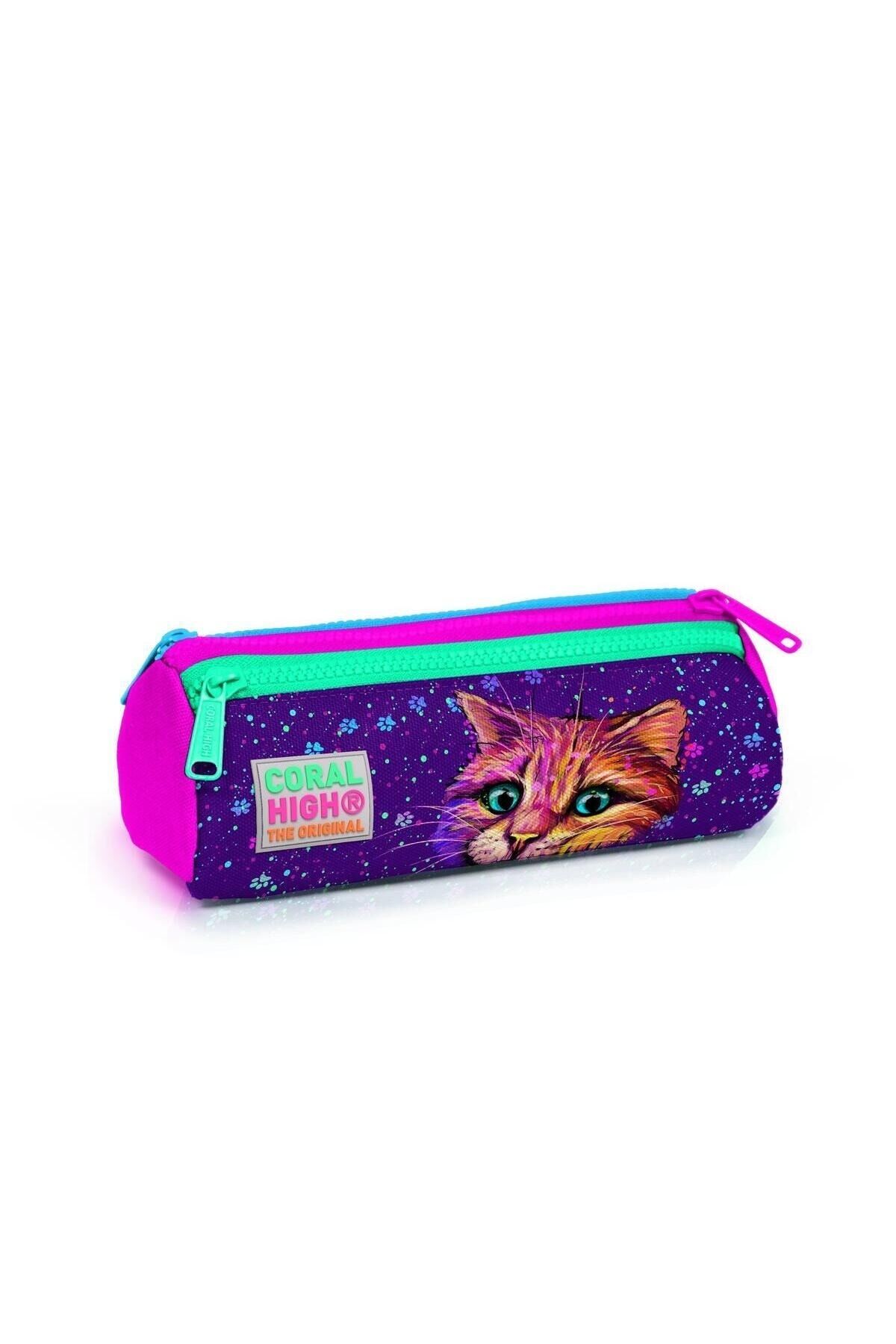 Coral High Kids Mor Pembe Kedi Desenli Üç Bölmeli Kalem Çantası 22032 Mor Pembe