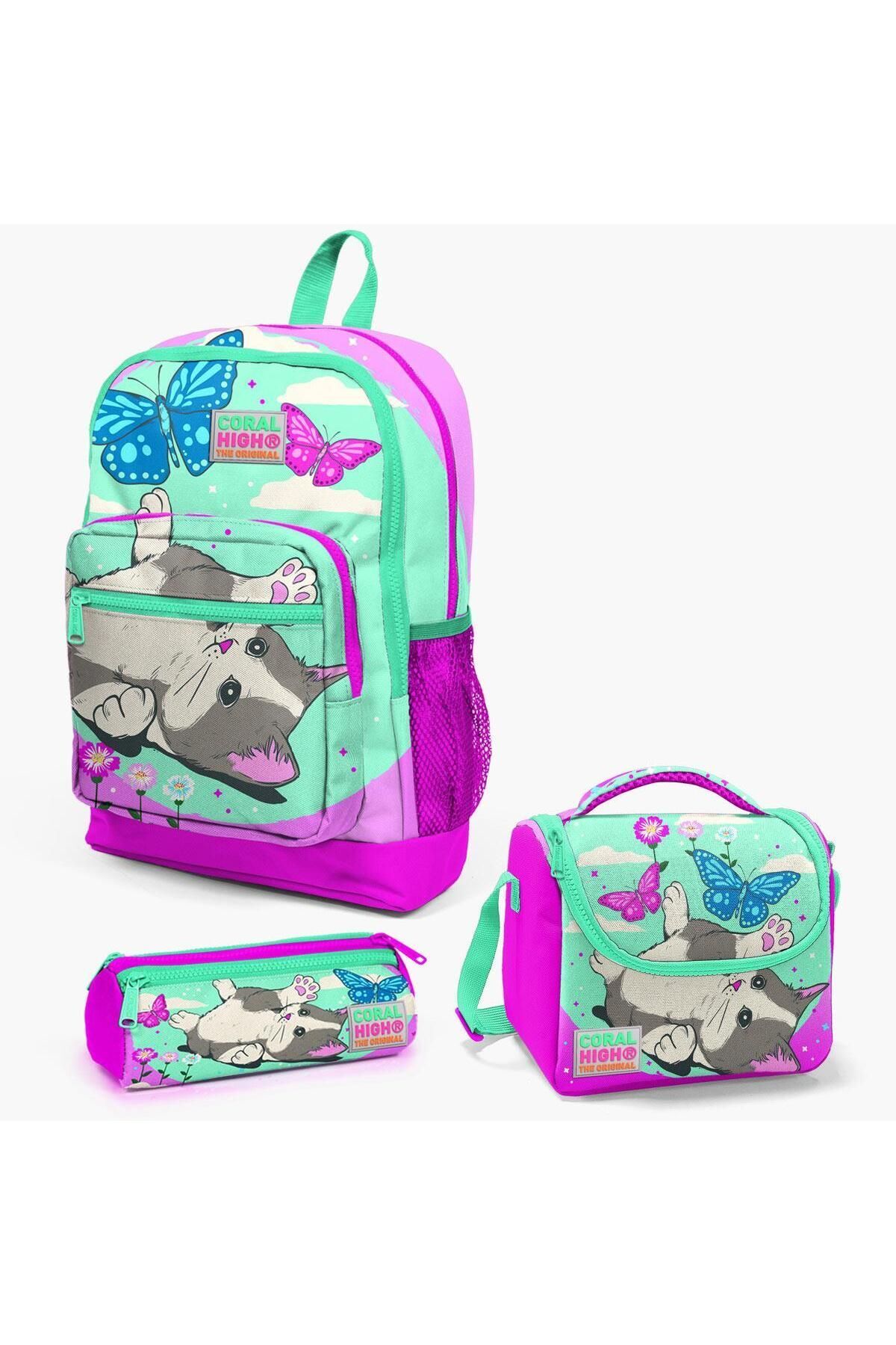 Coral High Kids Su Yeşili Pembe Kedi Desenli 3’lü Okul Çanta Seti 23707