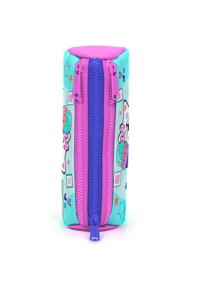 Kids Turkuaz Pembe Dondurmalı Kedi Desenli Üç Bölmeli Kalem Çantası 22051