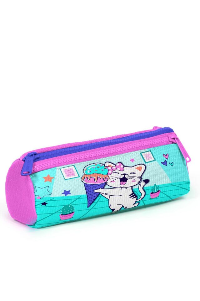 Kids Turkuaz Pembe Dondurmalı Kedi Desenli Üç Bölmeli Kalem Çantası 22051