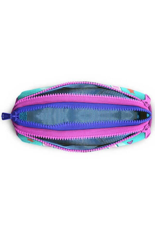 Kids Turkuaz Pembe Dondurmalı Kedi Desenli Üç Bölmeli Kalem Çantası 22051