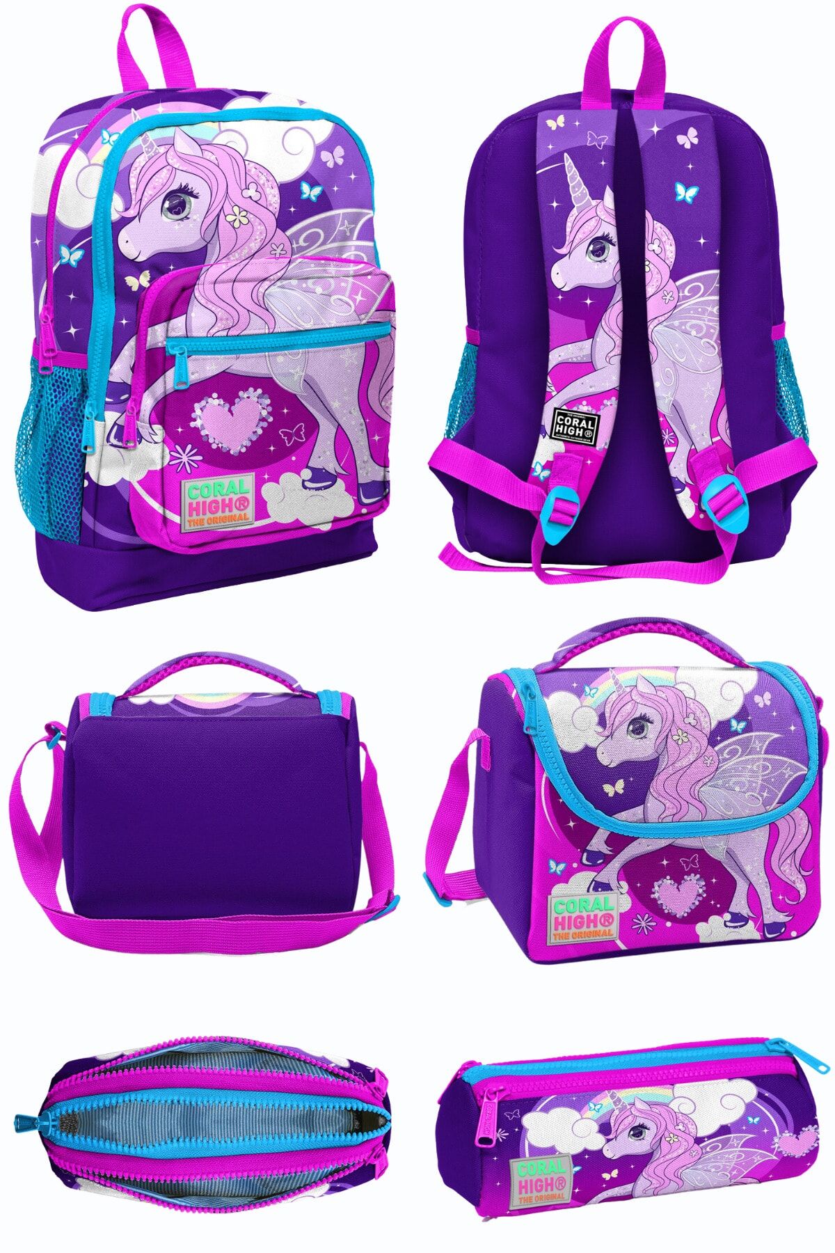 Mor Pembe Unicorn Desenli Dört Bölmeli Okul Sırt Çantası Beslenme Çantası Kalem Çantası