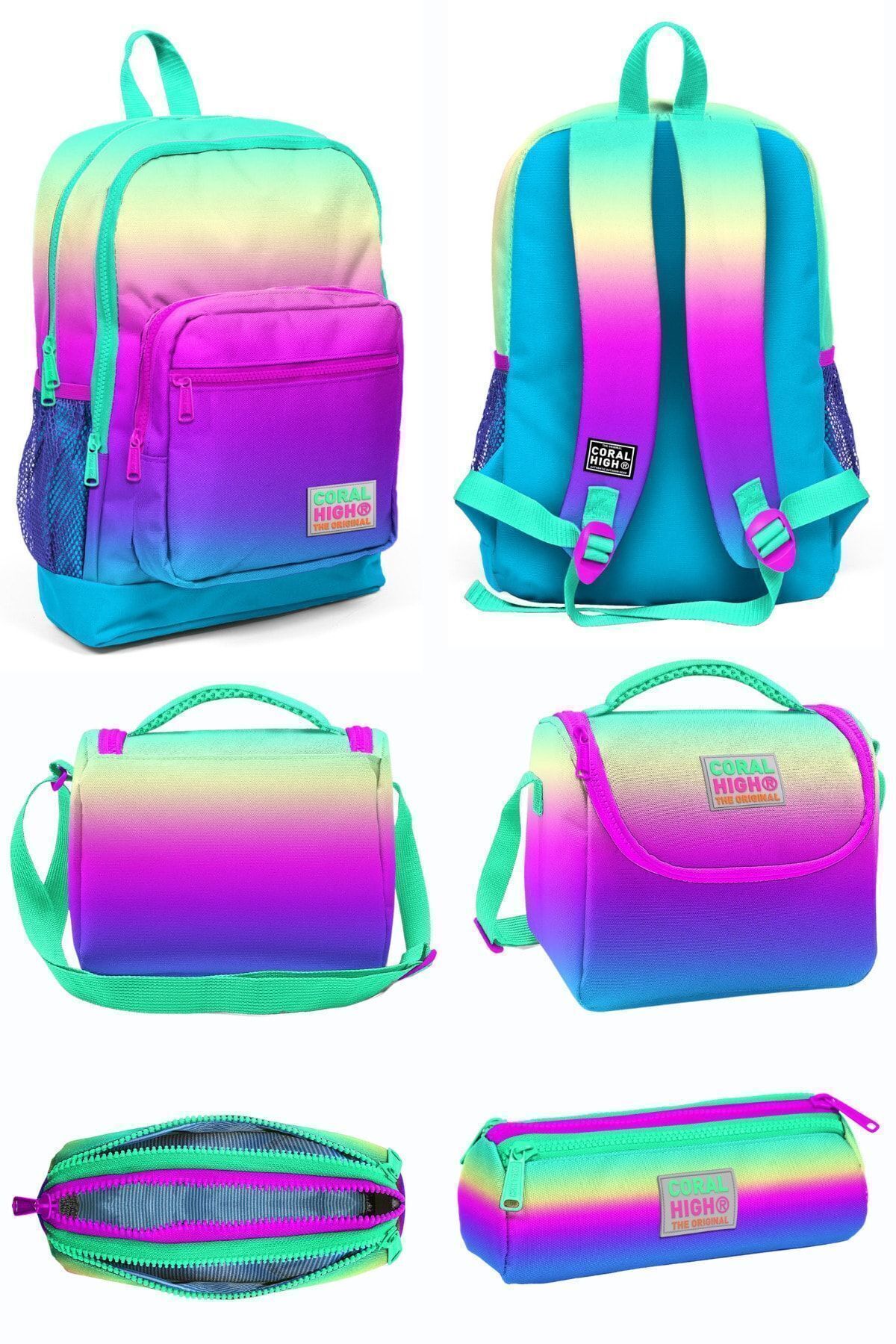 Renk Geçişli Dört Bölmeli Okul Sırt Çantası Beslenme Çantası Kalem Çantası