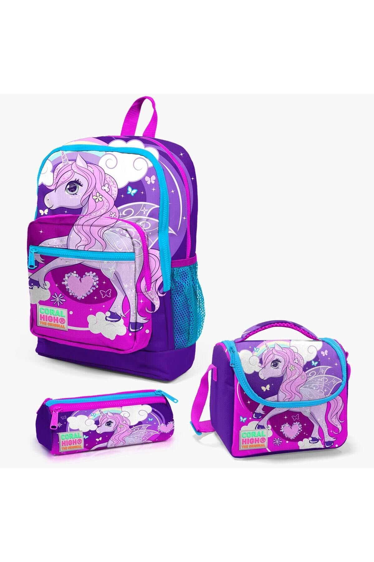 Coral High Kids Mor Pembe Unicorn Desenli 3’lü Okul Çanta Seti 23708
