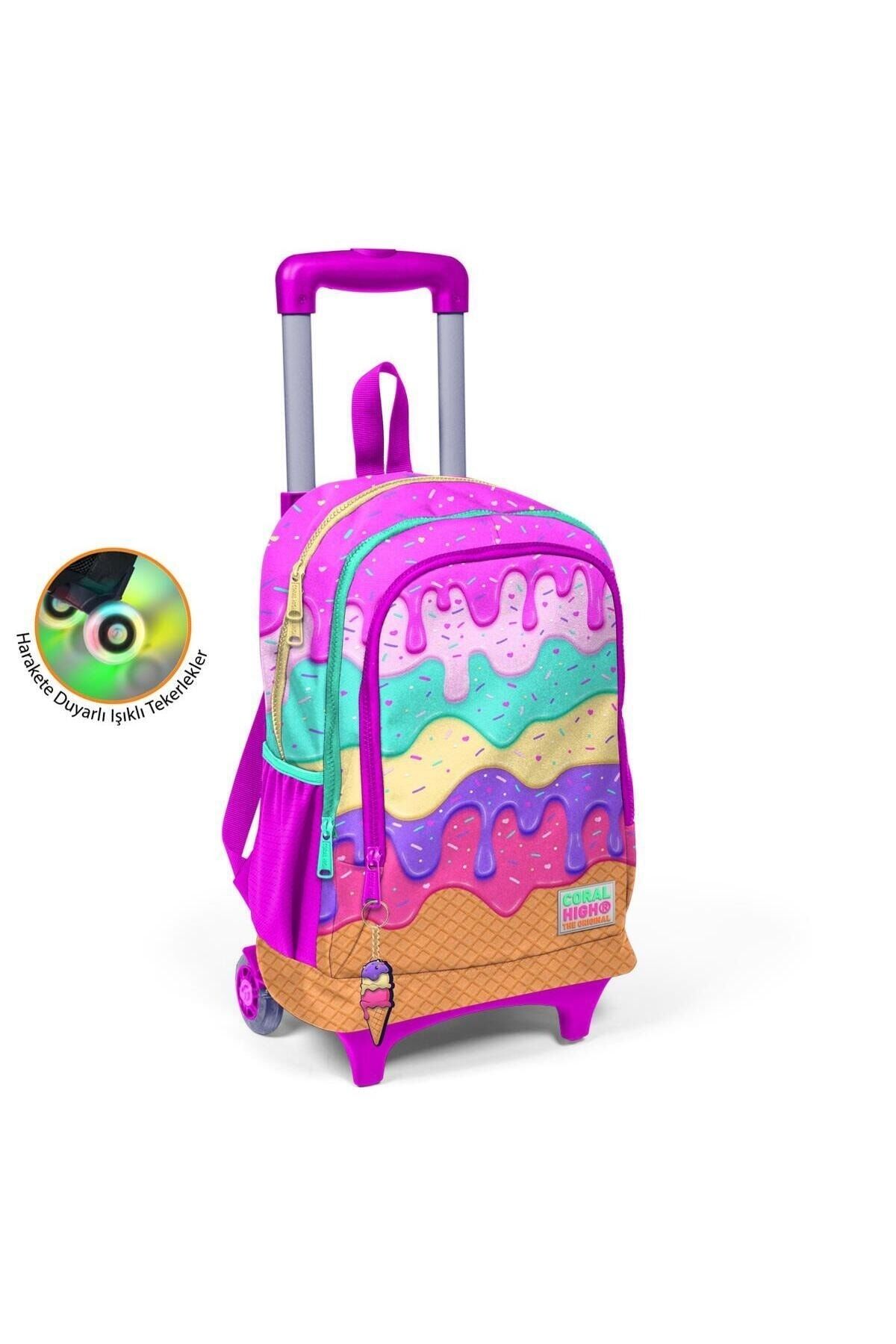 Kids Pembe Rengarenk Dondurma Desenli Üç Bölmeli Çekçekli Okul Sırt Çantası 23931 Pembe