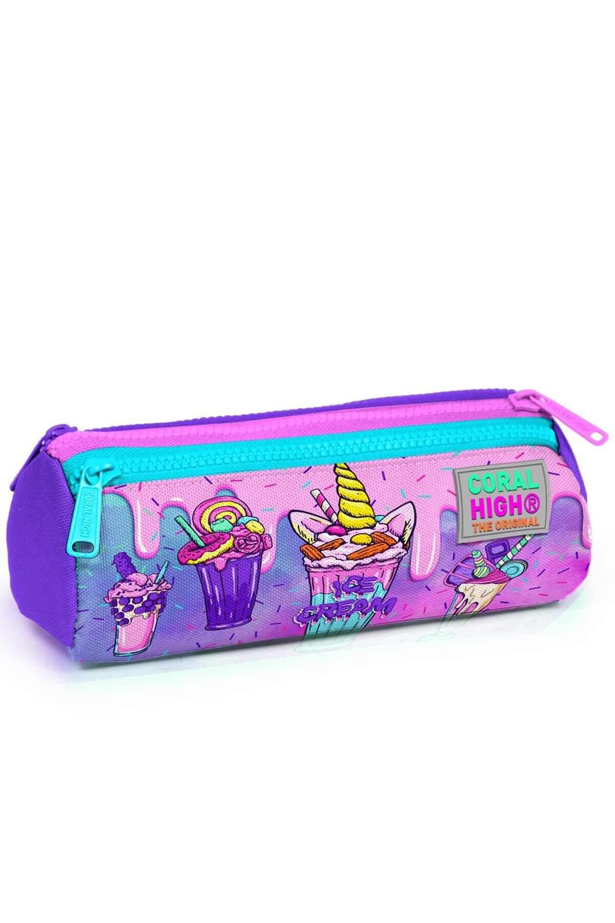 Kids Pembe Mor Milkshake Dondurma Desenli Üç Bölmeli Kalem Çantası 22049