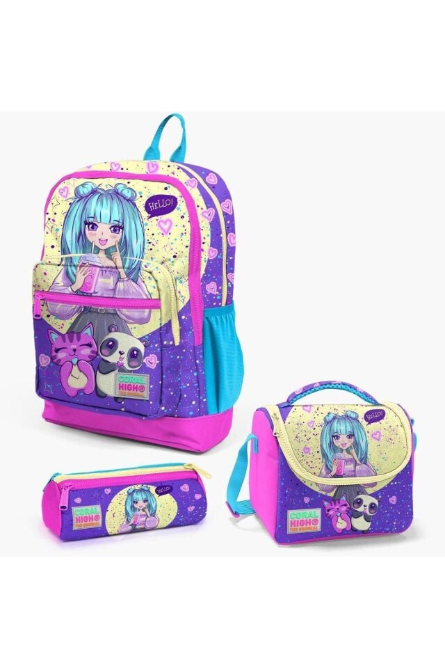 Coral High Kids Mor Pembe Anime Kız Desenli 3’lü Okul Çanta Seti