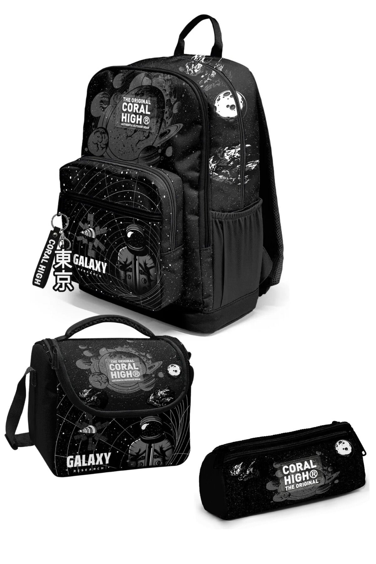 Siyah Galaxy Desenli Dört Bölmeli Okul Sırt Çantası Beslenme Çantası Kalem Çantası 23644Set