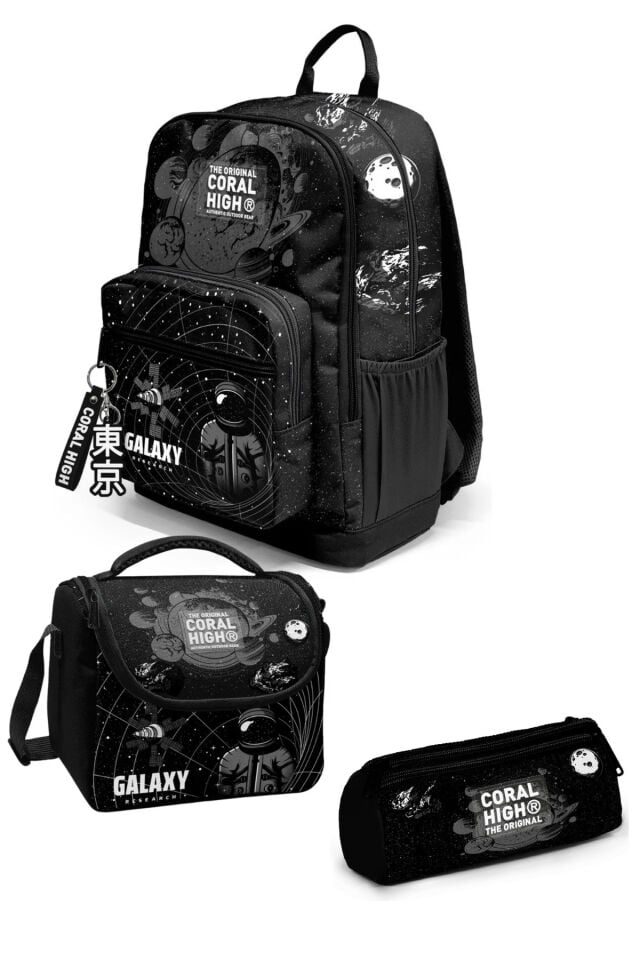 Siyah Galaxy Desenli Dört Bölmeli Okul Sırt Çantası Beslenme Çantası Kalem Çantası 23644Set