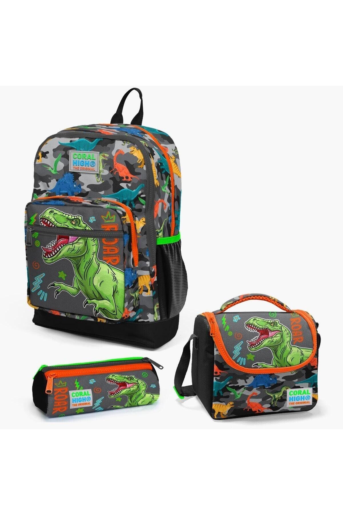 Coral High Kids Siyah Gri Dinozor Desenli 3’lü Okul Çanta Seti