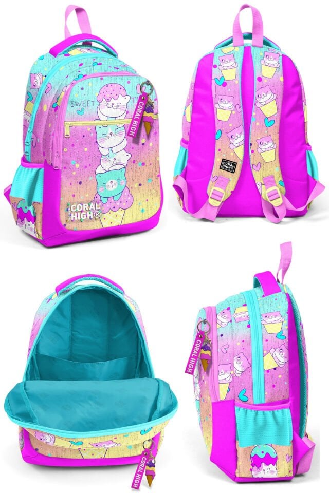 Renkli Dondurmalı Kedi Desenli Üç Bölmeli Okul Sırt Çantası Beslenme Çantası Kalem Çantası 23648Set