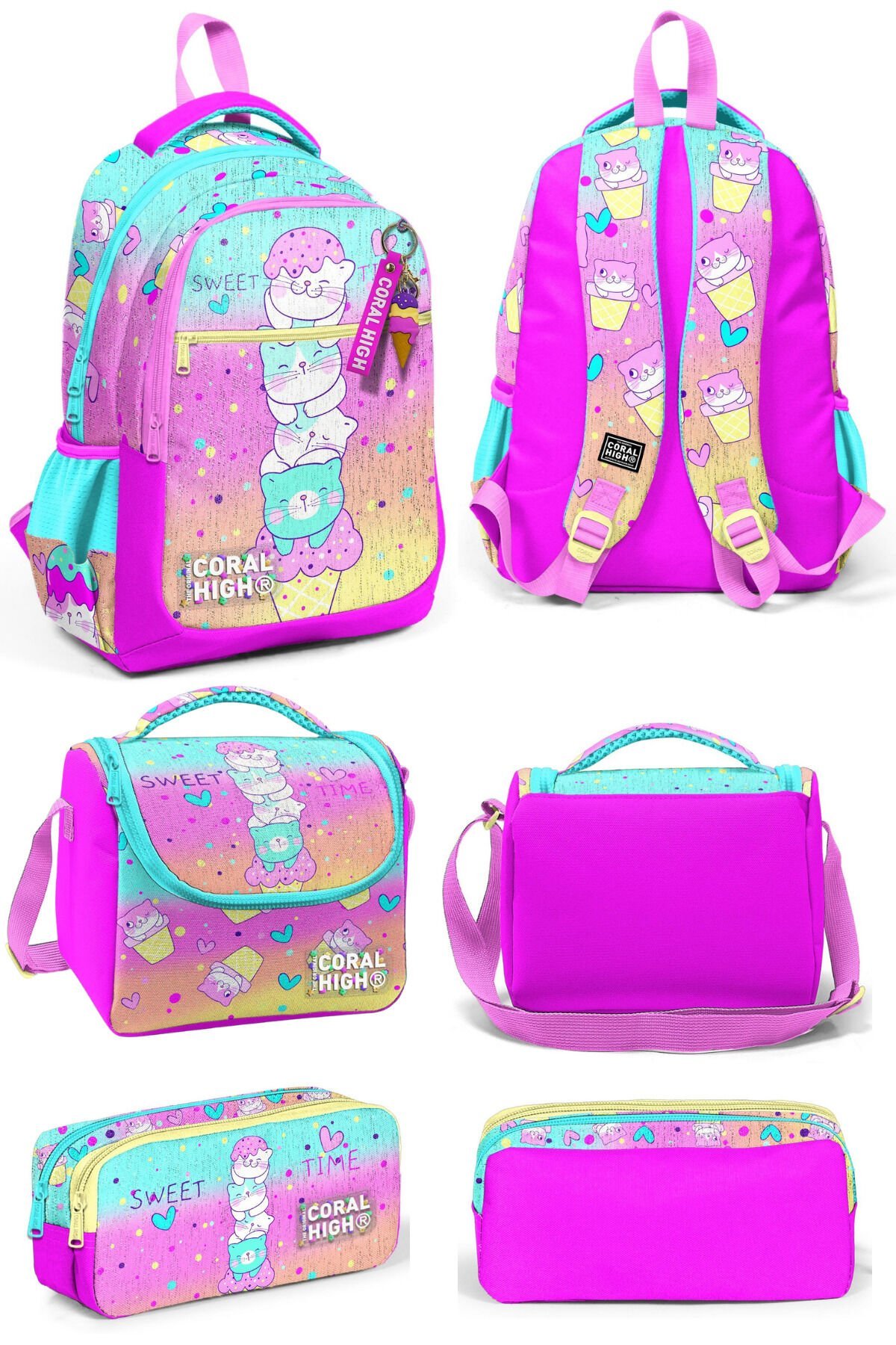 Renkli Dondurmalı Kedi Desenli Üç Bölmeli Okul Sırt Çantası Beslenme Çantası Kalem Çantası 23648Set