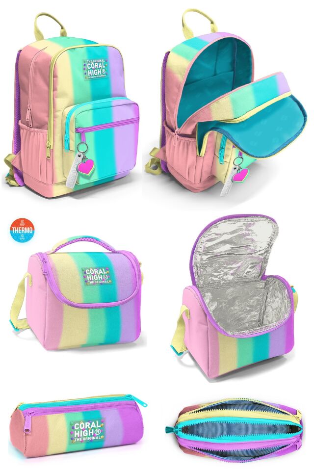 Renkli Çizgili Desenli Dört Bölmeli Okul Sırt Çantası Beslenme Çantası Kalem Çantası 23630Set