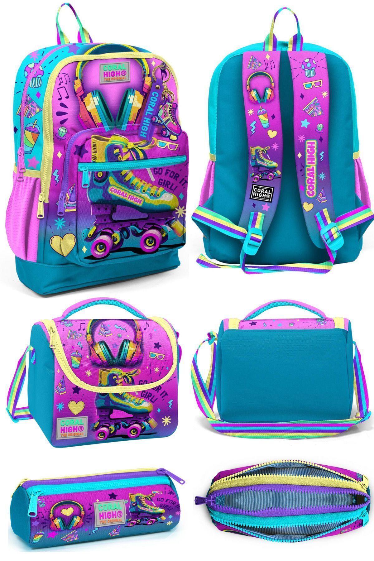 Kids Pembe Turkuaz Kulaklık Paten Desenli Okul Sırt Çantası Beslenme Çantası Kalem Çantası 23754Set