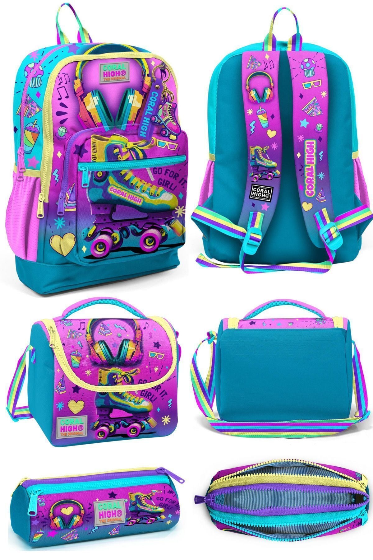 Kids Pembe Turkuaz Kulaklık Paten Desenli Okul Sırt Çantası Beslenme Çantası Kalem Çantası 23754Set