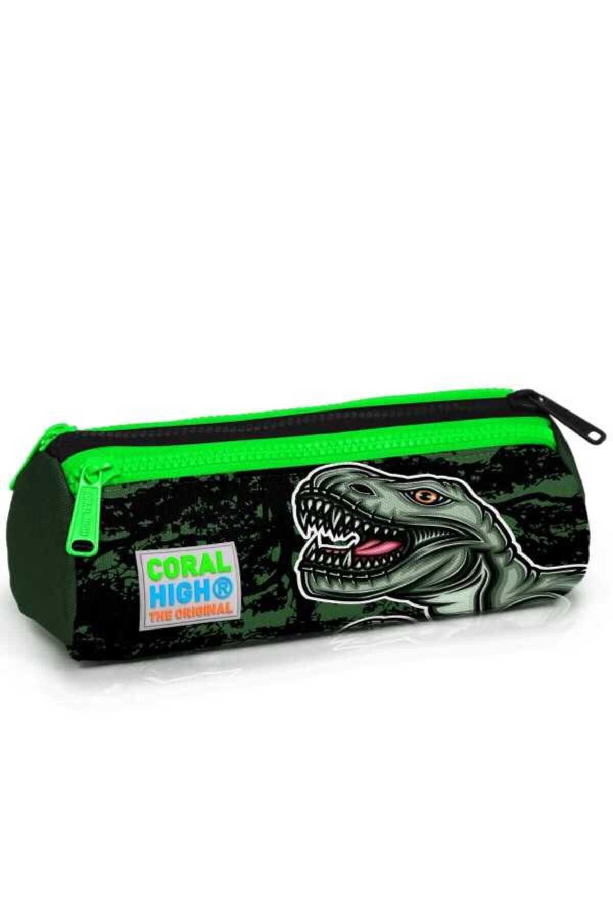 Kids Koyu Yeşil Siyah Dinozor Desenli Üç Bölmeli Kalem Çantası 22025
