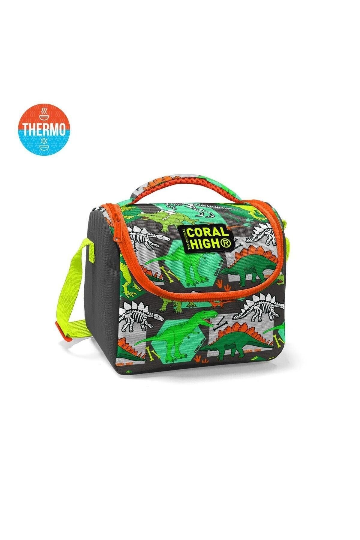 Kids Gri Yeşil Dinozor Desenli Thermo Beslenme Çantası 11832