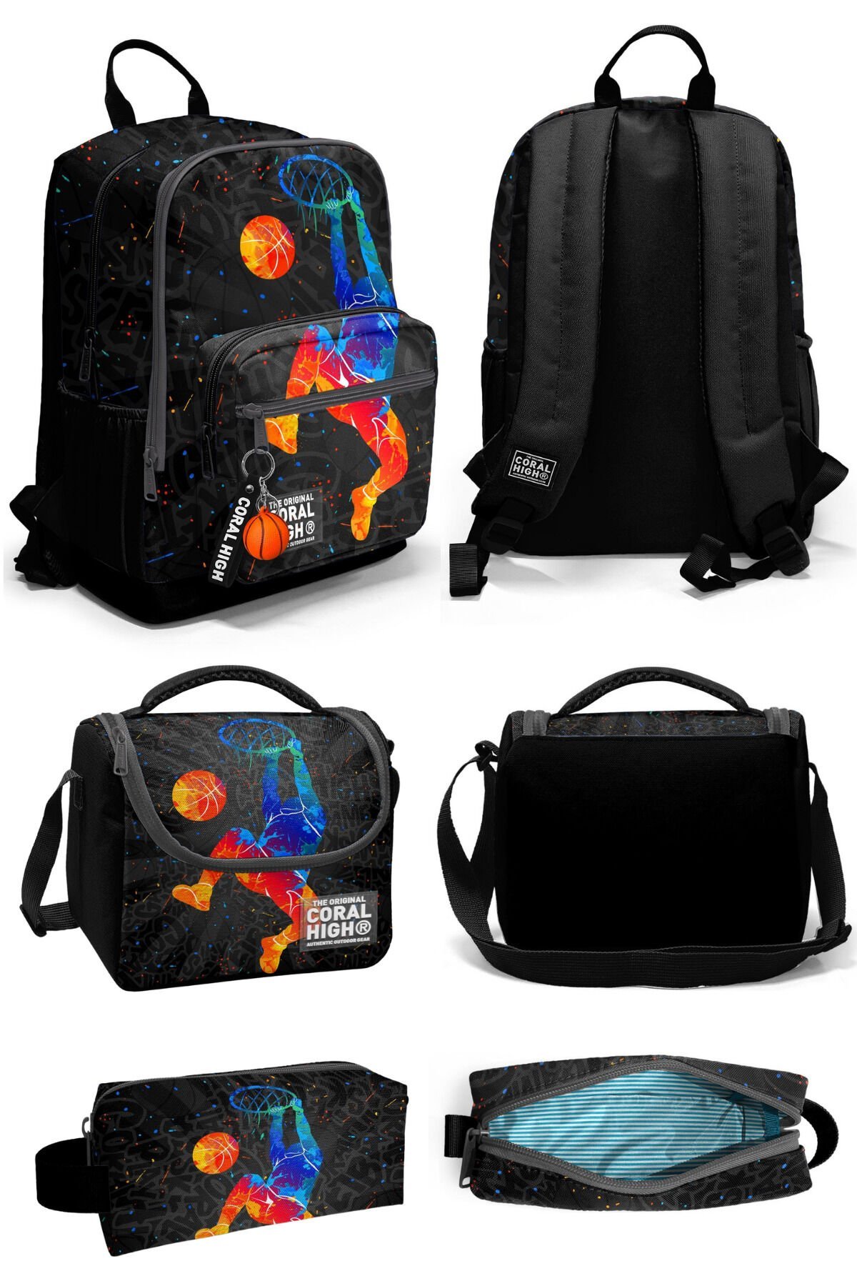 Gri Basketbol Desenli Dört Bölmeli Okul Sırt Çantası Beslenme Çantası Kalem Çantası 23643Set