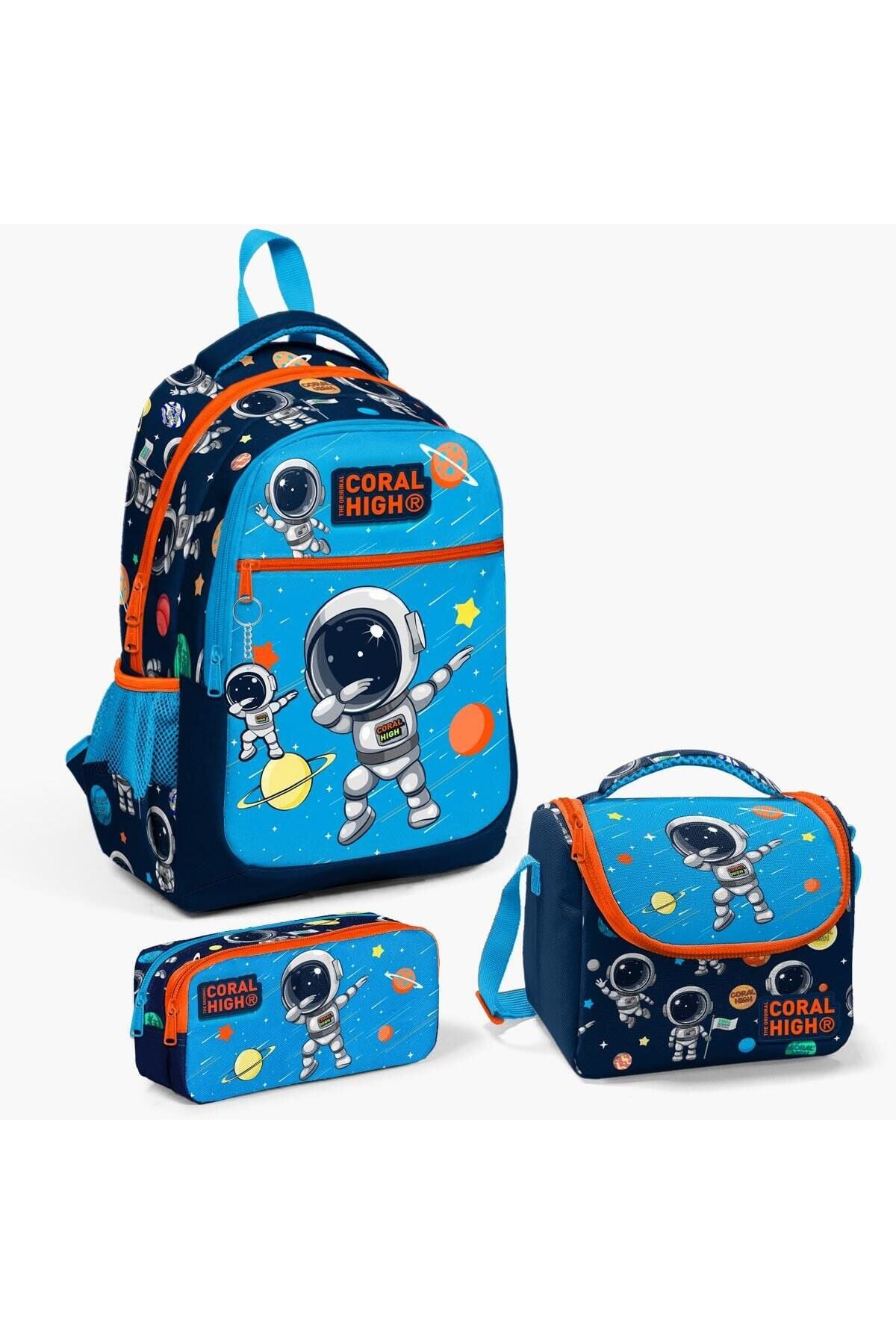 Coral High Kids 3 Lü Lacivert Mavi Astronot Desenli Sırt Çantası Seti Mavi