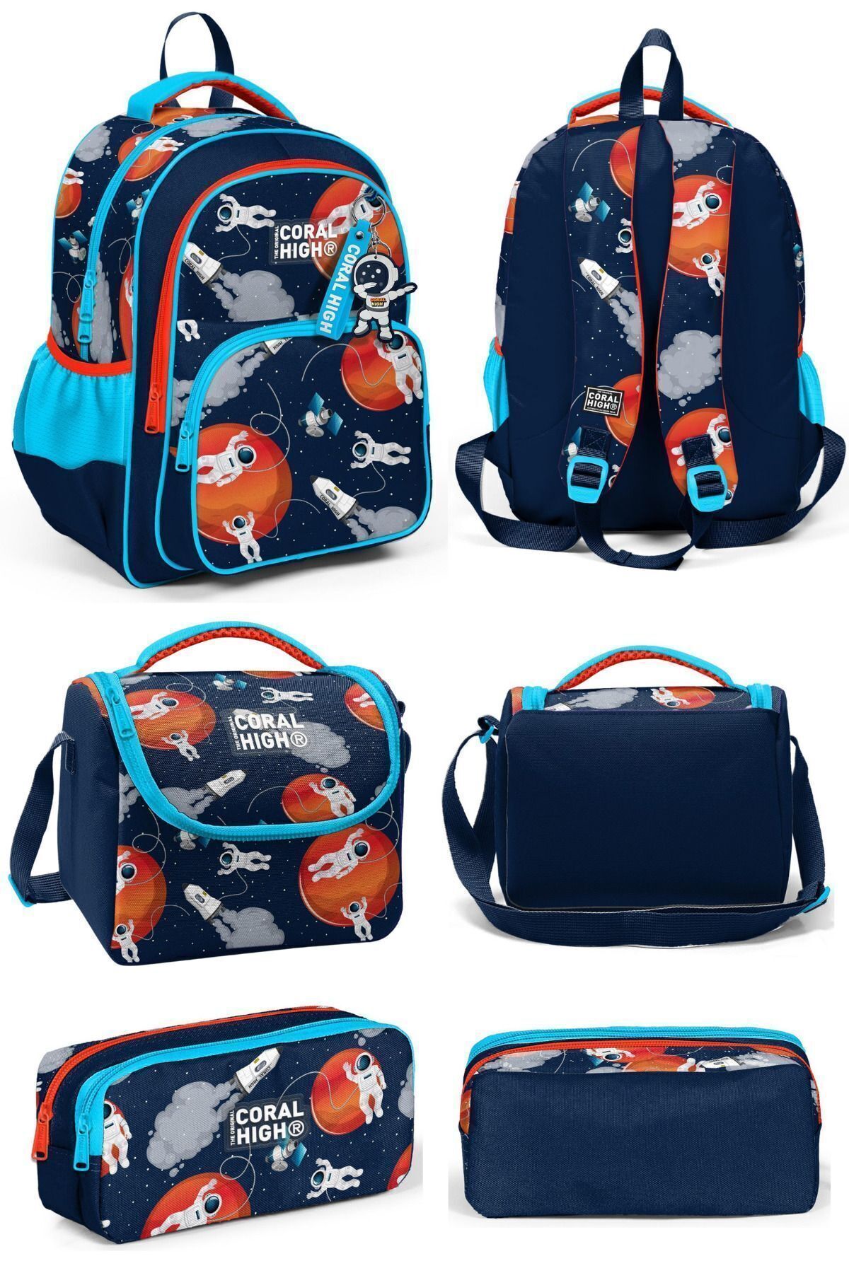 Lacivert Mavi Astronot Desenli Üç Bölmeli Okul Sırt Çantası Beslenme Çantası Kalem Çantası 23660Set