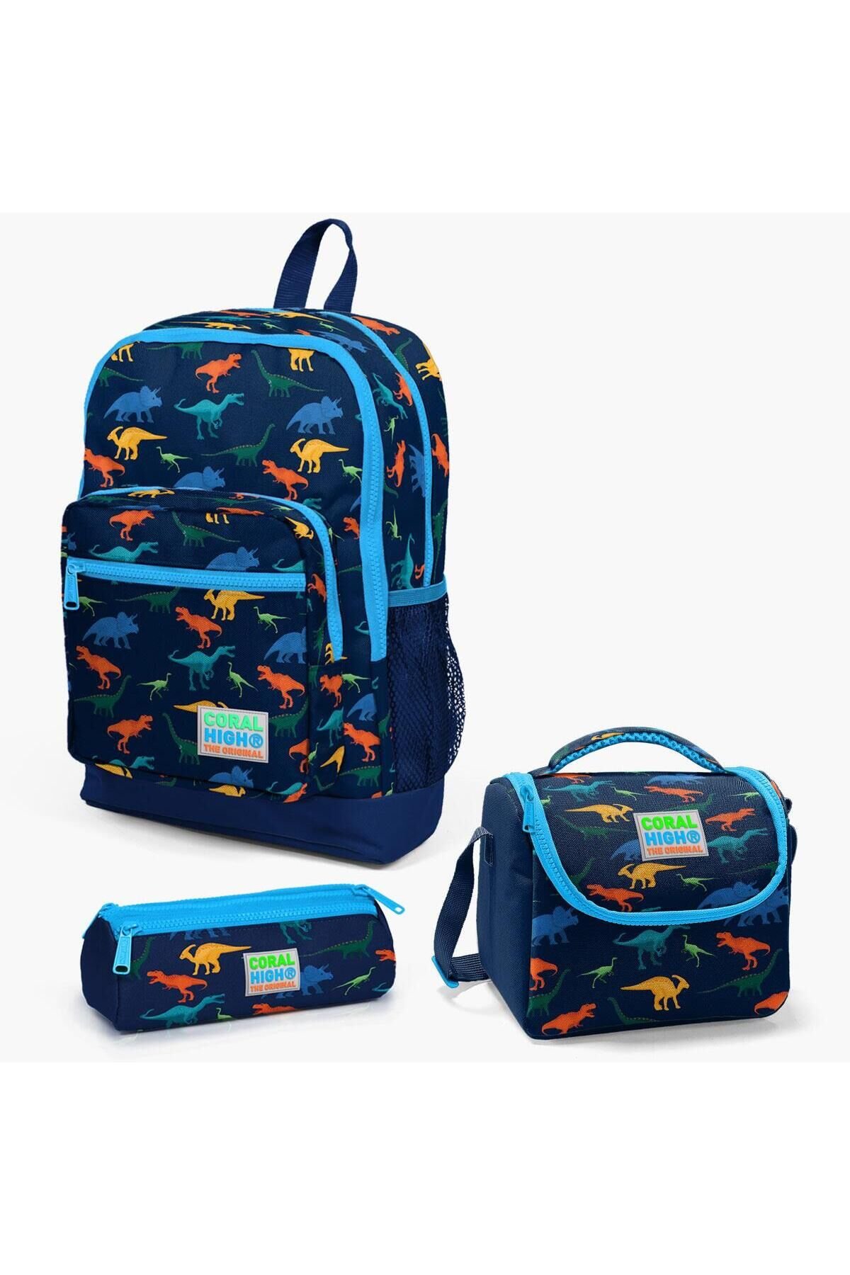 Kids Lacivert Mavi Dinazor Desenli Dört Bölmeli Okul Sırt Çantası Beslenme Kalemlik 3 lü set