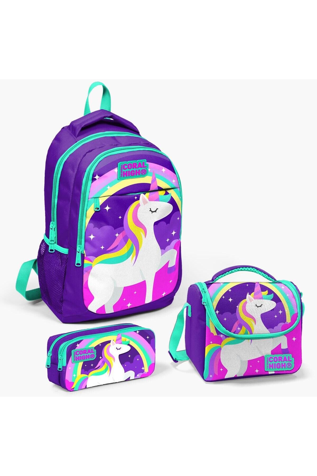 Kids Mor Su Yeşili Unicorn Desenli 3’lü Okul Çanta Seti Beslenme ve Kalem çantası