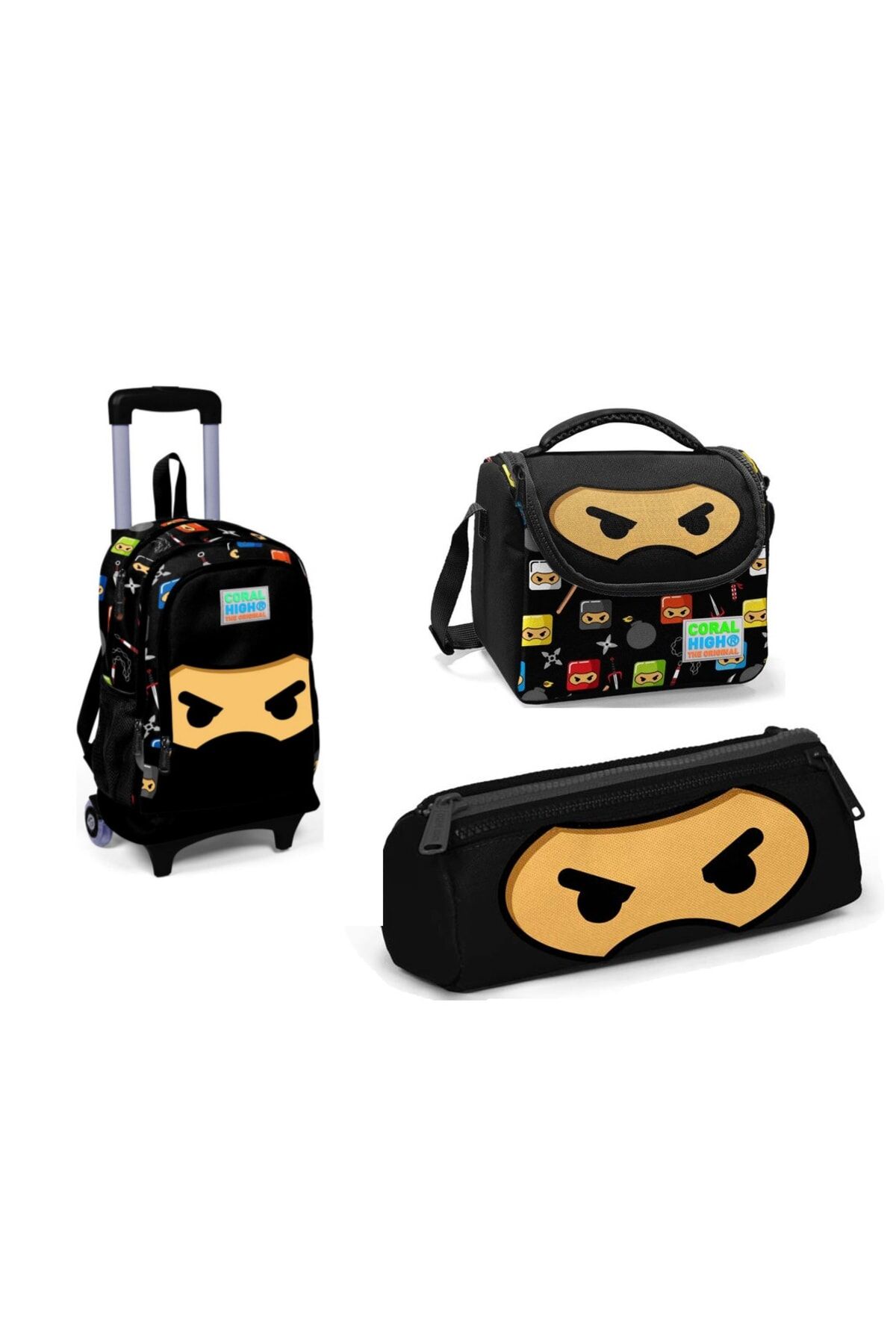 Coral High Kids Siyah Ninja Çekçekli Beslenme Kalemlik 3'lü Set