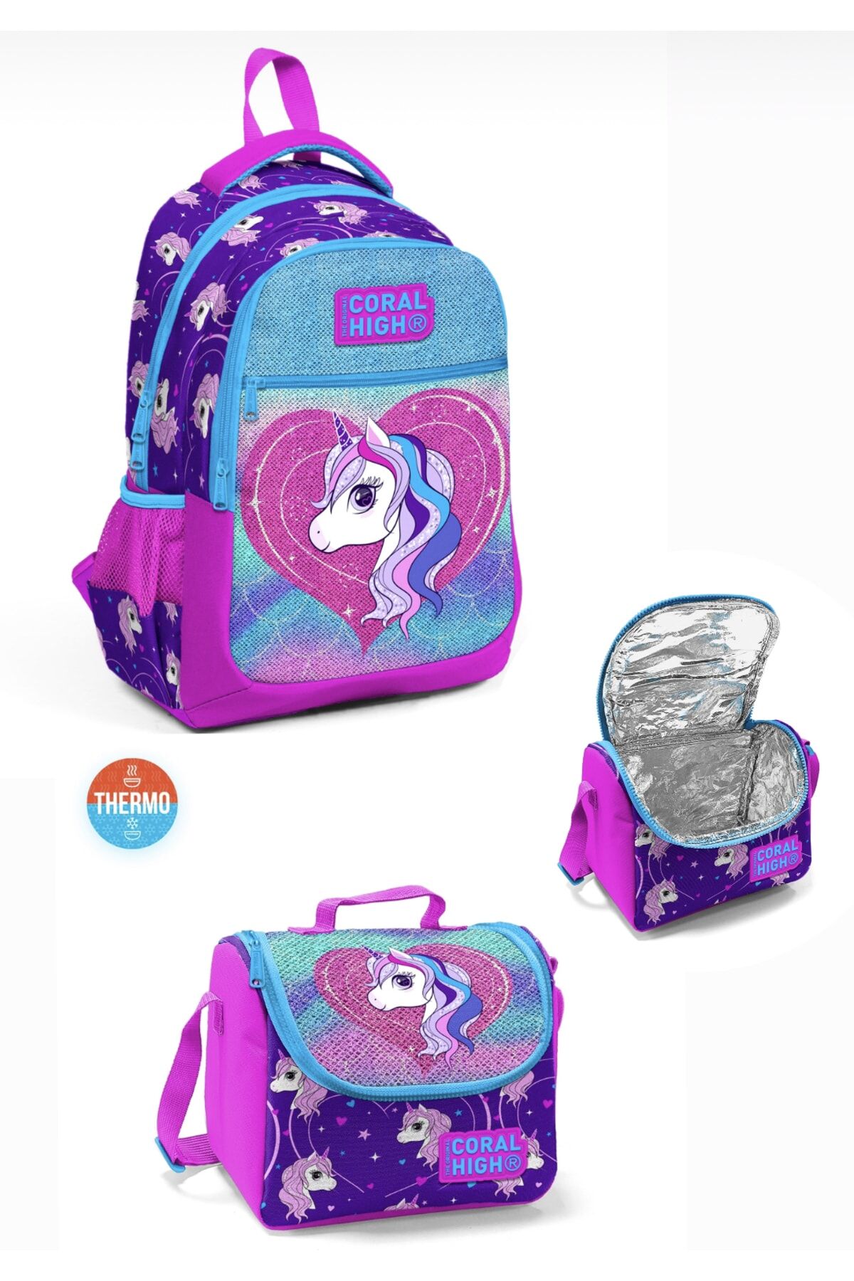 Orjinal Coral High Marka Unicorn Ikili Çanta Set Ilkokul Çantası Beslenme Çantası
