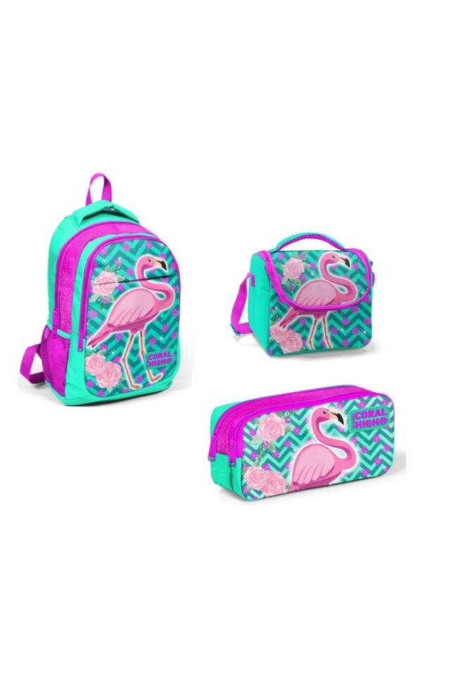 Coral High Kids Su Yeşili Flamingolu Okul Çantası Kalemlik Beslenme 3'lü Set