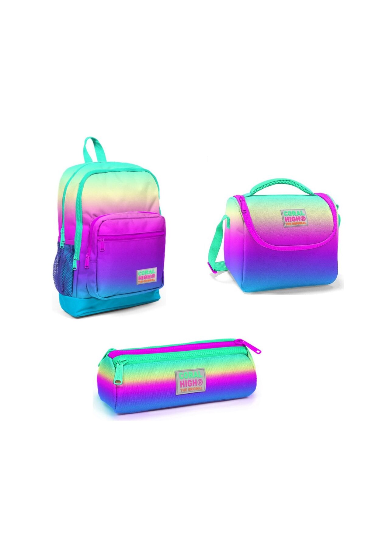 Coral High Renkli Ilkokul Çantası Thermo Beslenme Çantası Üç Bölmeli Kalem Kutusu 3'lü Set
