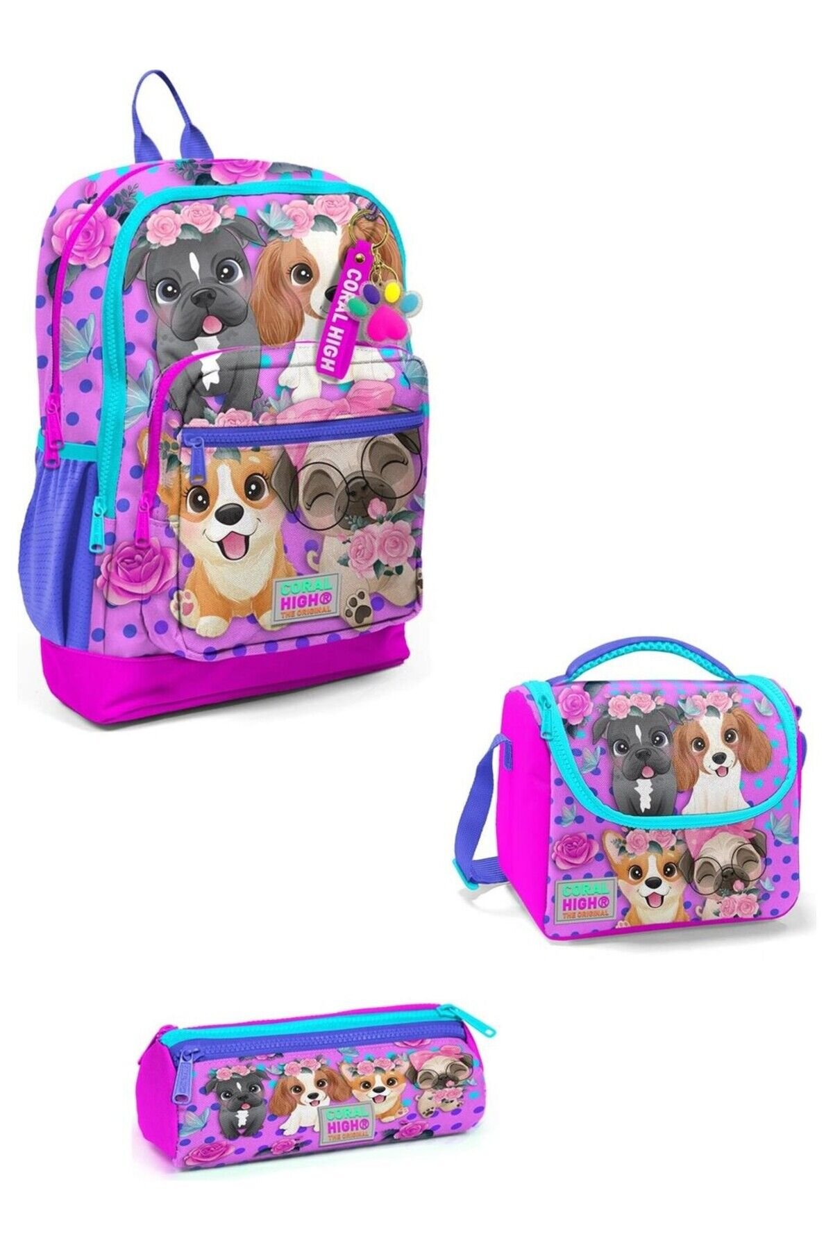 YAYGAN Coral High Kids Pembe Köpek Desenli 3’lü Okul Çanta Seti 23750-MİX3