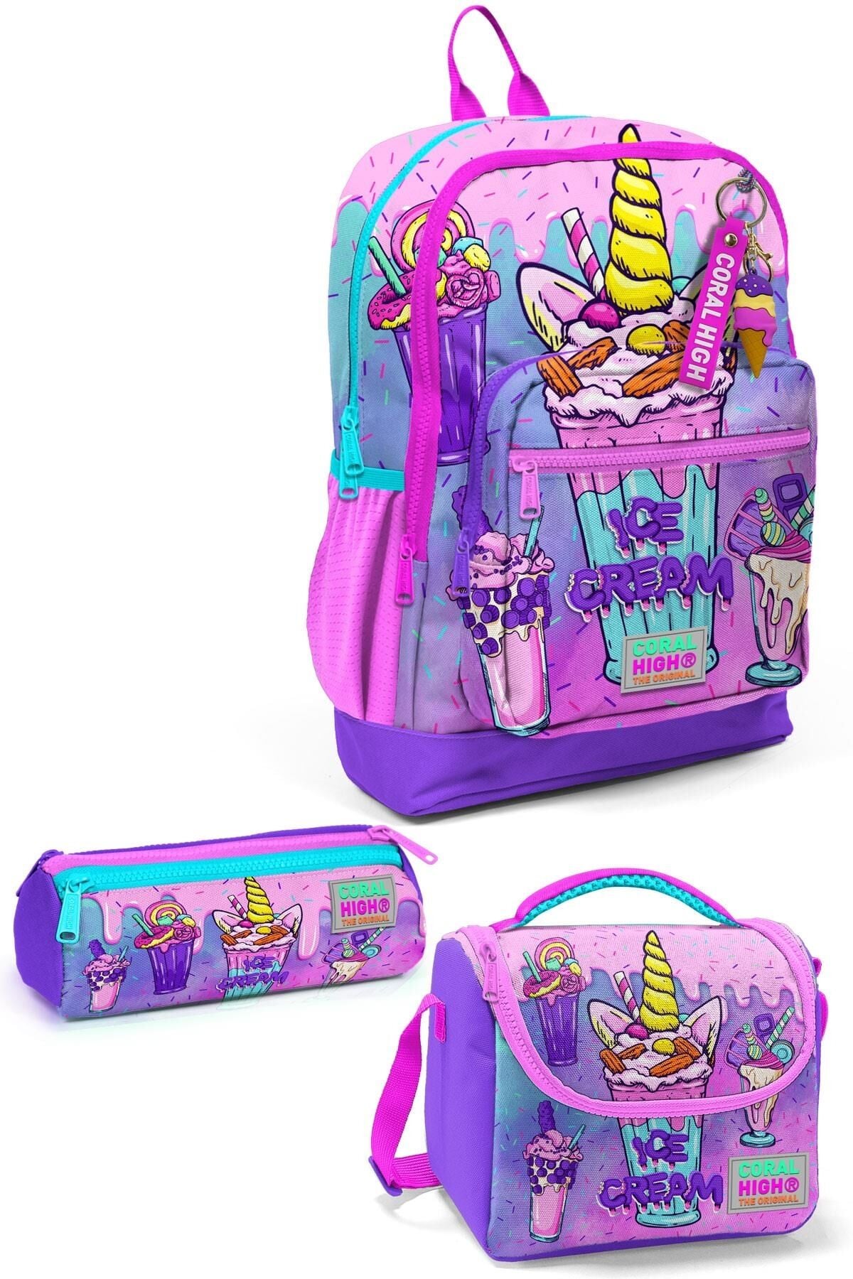 Coral High Kids Pembe Mor Milkshake Dondurma Desenli 3’lü Okul Çanta Seti SET0123749 Pembe-Mor