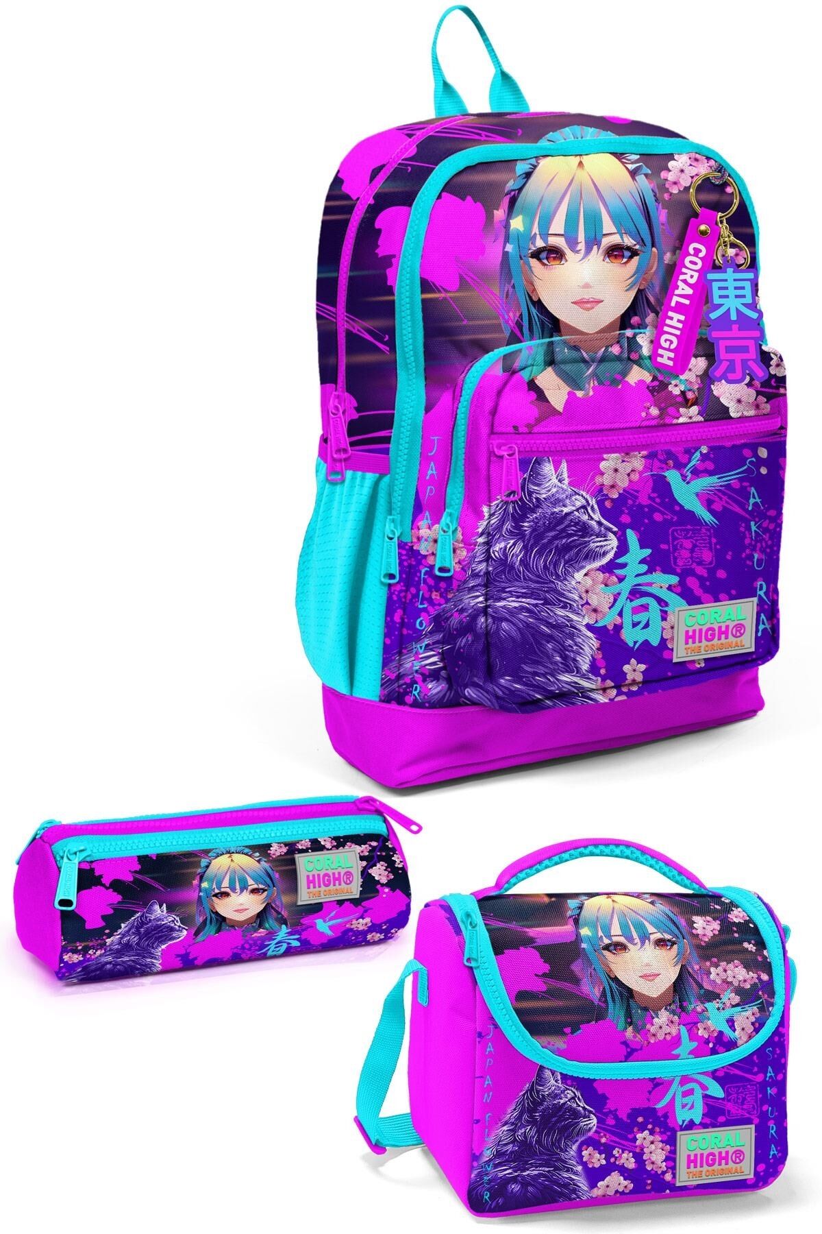 YAYGAN Coral High Kids Mor Pembe Anime Kedi Desenli 3’lü Okul Çanta Seti 23753-MİX3