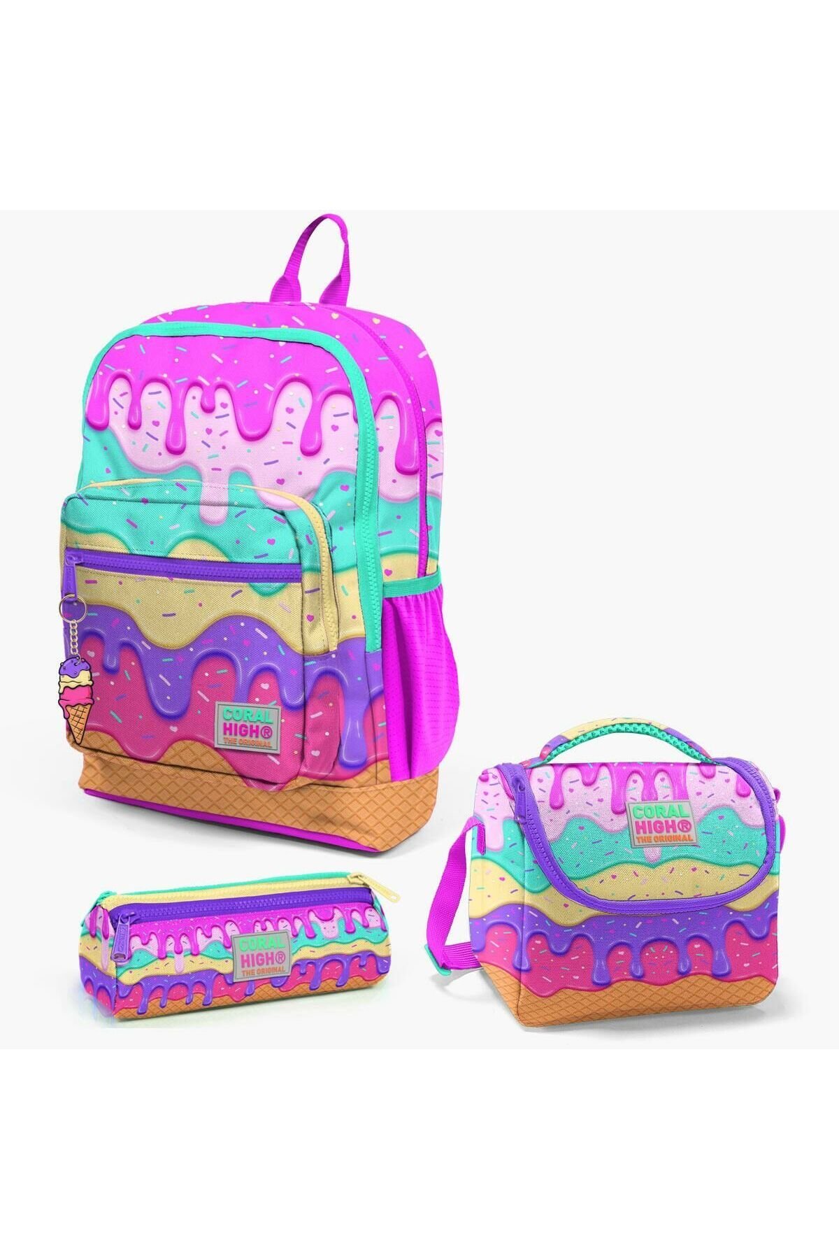 Coral High Kids Pembe Rengarenk Dondurma Desenli 3’lü Okul Çanta