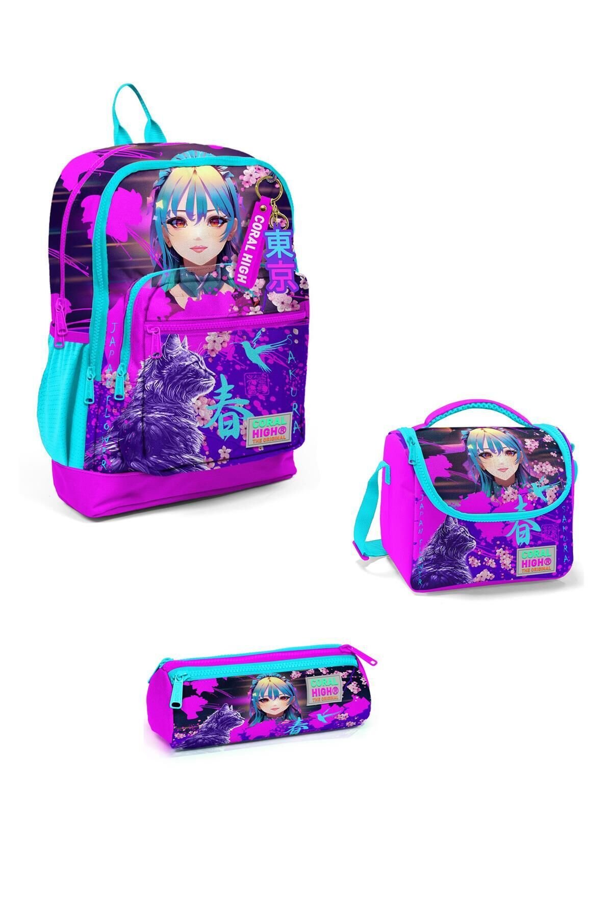 Kids Mor Pembe Anime Kedi Desenli 3’lü Okul Çanta Seti 3SET23753