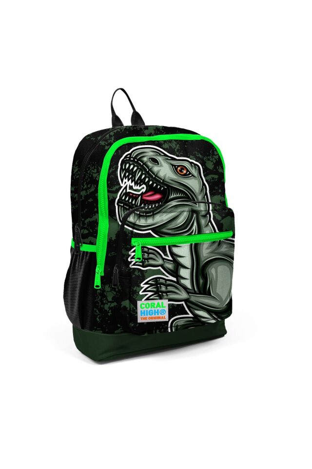 Kids Koyu Yeşil Siyah Dinazor Desenli Dört Bölmeli Usb'li Okul Sırt Çantası 23825